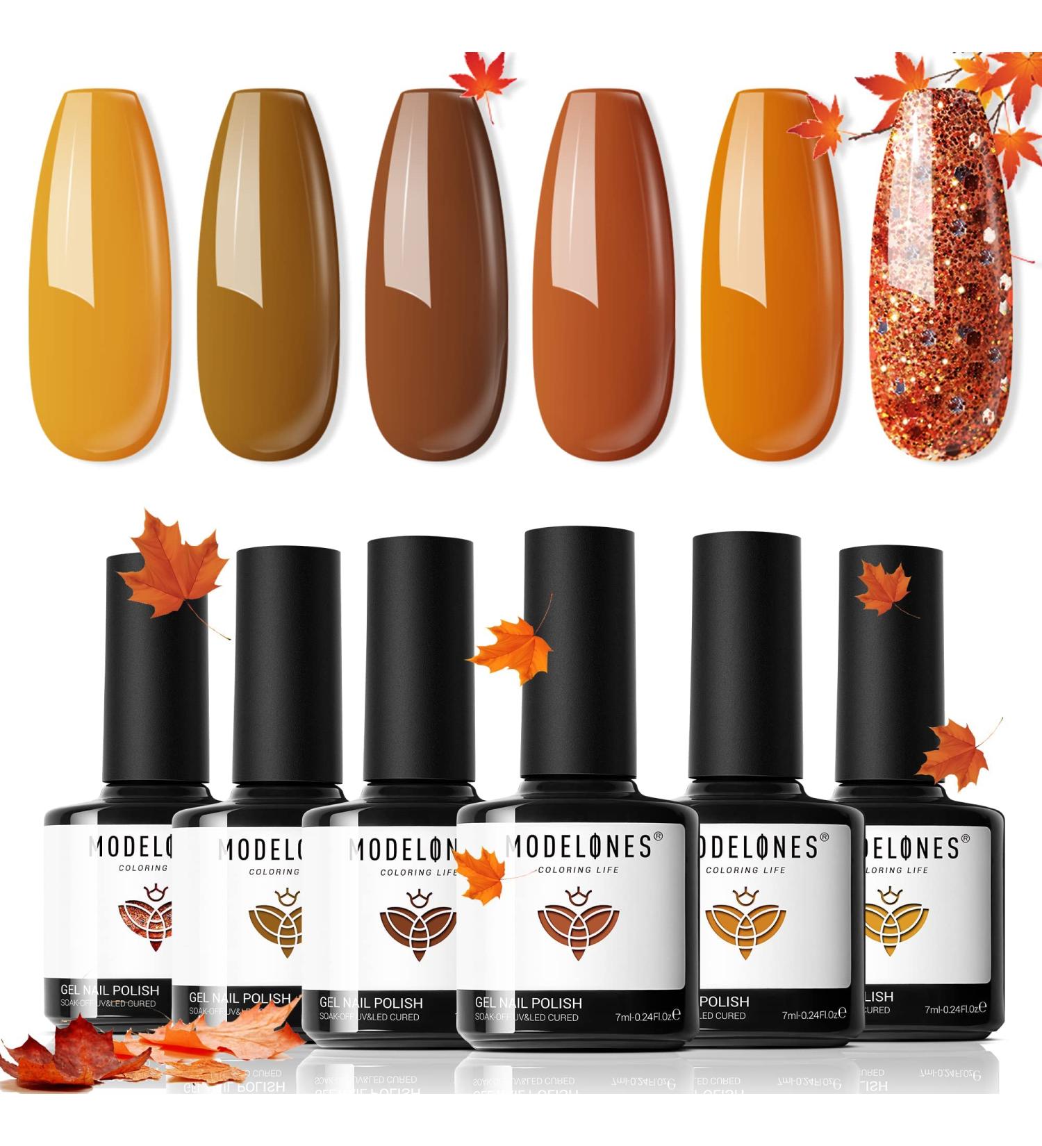 Modelones Gel Nail Polish 6 Colors Fall Brown Gold Gel Polish Set Orange Yellow Glitter Nail Polish Gel Soak Off UV Gel Nail Kit Holiday Manicure Nail Art Gifts for Women Girls DIY Home Salon - Buy Online on GoSupps.com