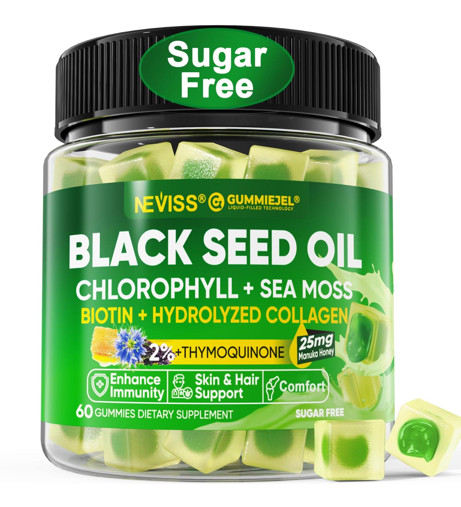 Black Seed Oil Gummies Chlorophyll & Sea Moss Supplement 500mg Biotin 500mcg with Hydrolyzed Collagen for Skin Hair & Nails Vit E C Zinc for Overall Health Organic Cold Pressed High Absorption - Buy Online on GoSupps.com