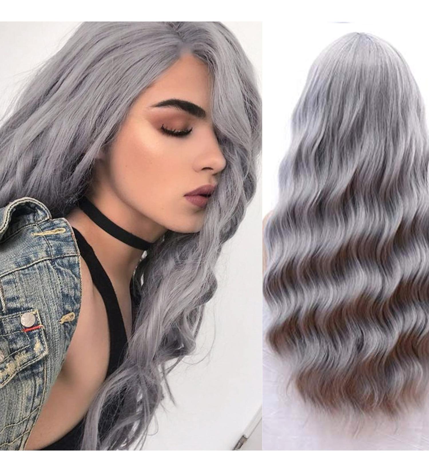 FVCENT 27-Inch Long Curly Gray Synthetic Wig with Bangs for Women & Girls - Charming & Stylish - Buy Online on GoSupps.com