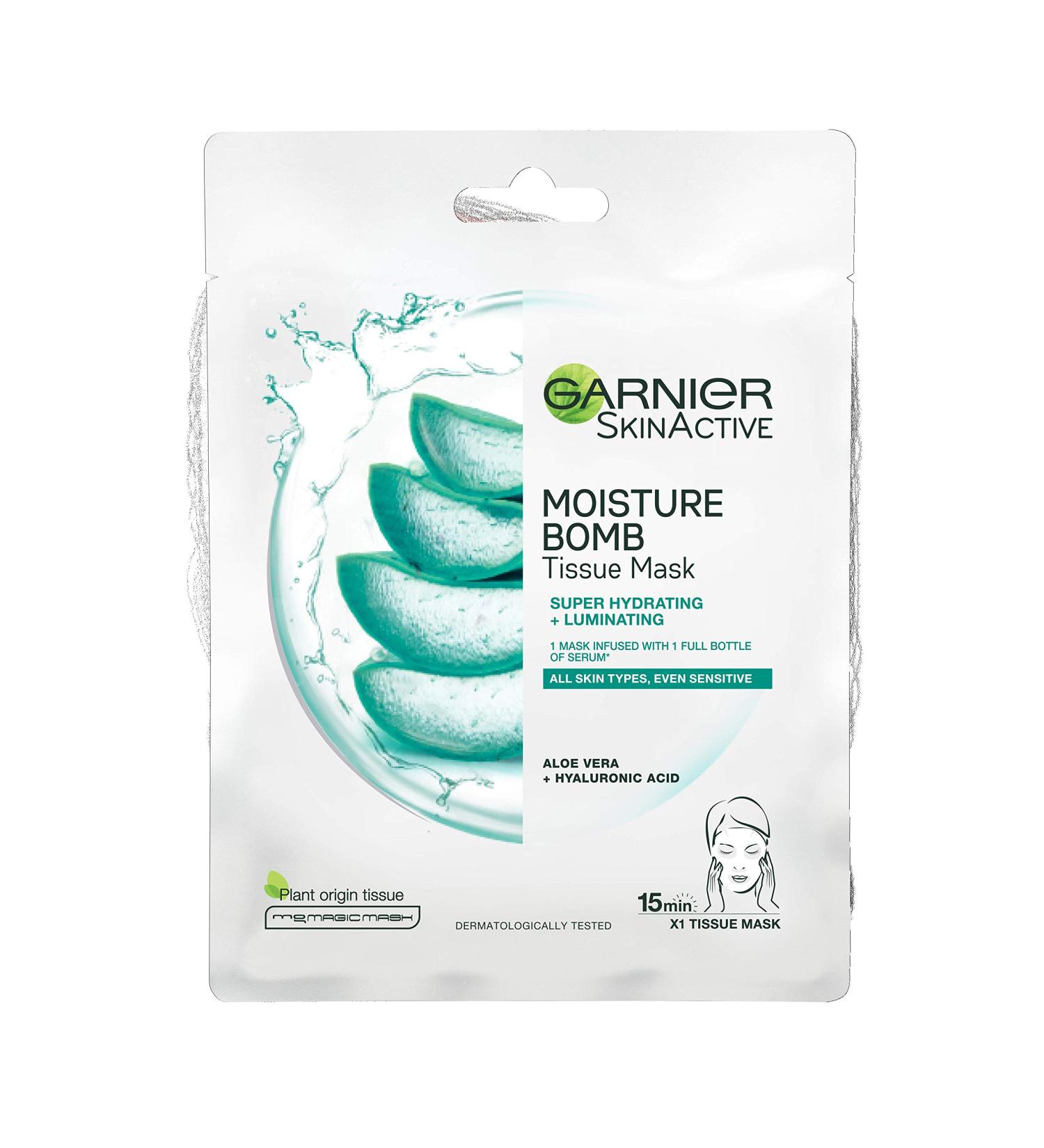 Garnier Moisture Bomb Aloe Vera Hyaluronic Acid Hydrating and Luminating Face Sheet Mask Sensitive Skin 28g - Buy Online on GoSupps.com
