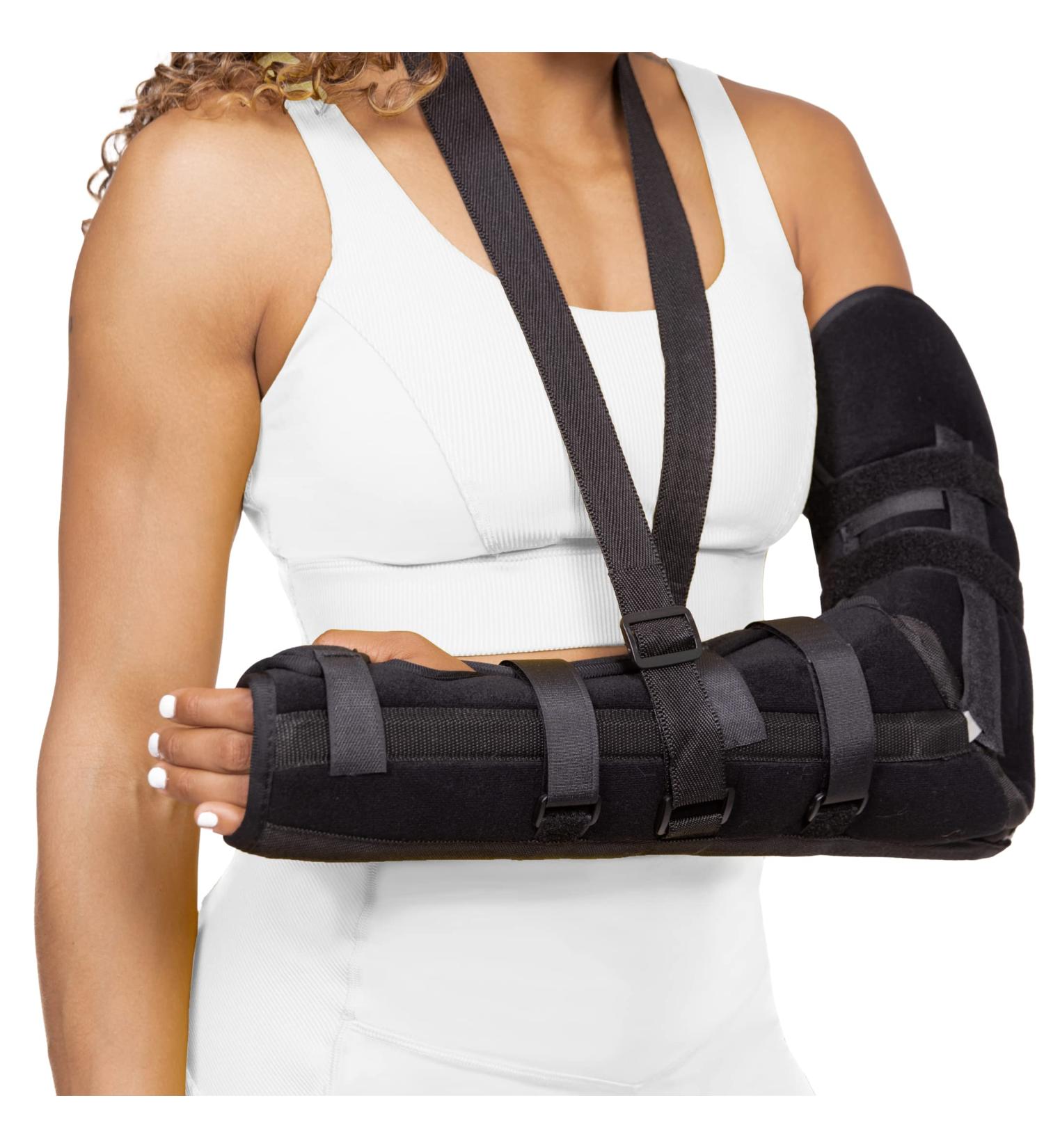 BraceAbility Posterior Long Arm Splint - Medium Size Elbow Immobilizer Brace with Sling for Fractures, Post-Surgery Recovery, Tendonitis, Bursitis, Ulnar Nerve Relief - Left or Right Arm - Buy Online on GoSupps.com