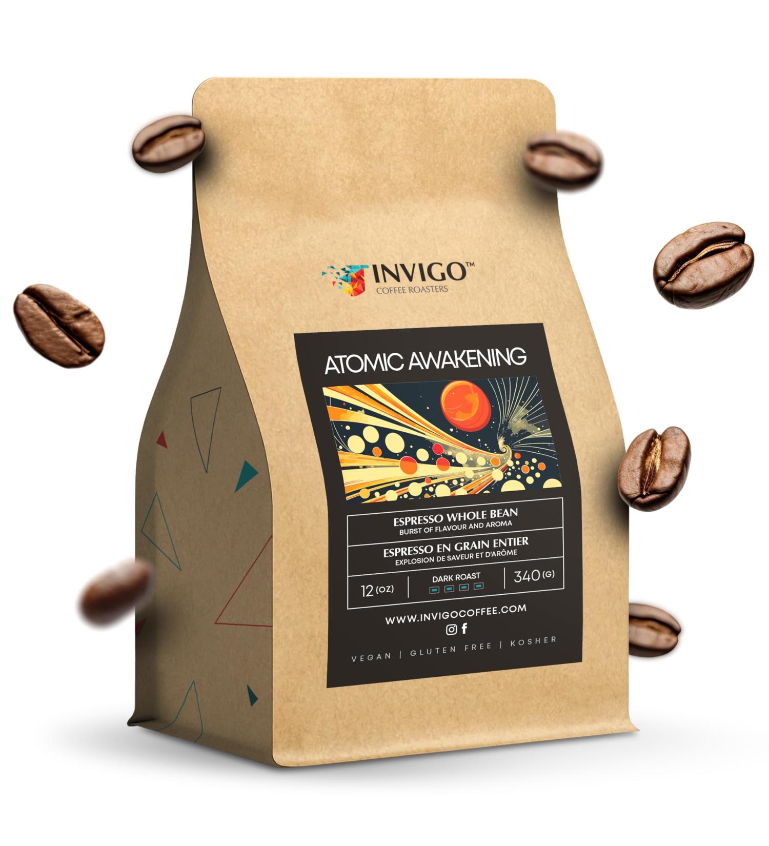 Invigo Espresso Coffee Beans 340g - Aroma-Rich Whole Coffee Bean Small Batch Local Premium Roasting Vegan & Gluten-Free Birthday or Christmas Gift for Coffee Lovers Whole Bean Atomic Awakening - Buy Online on GoSupps.com