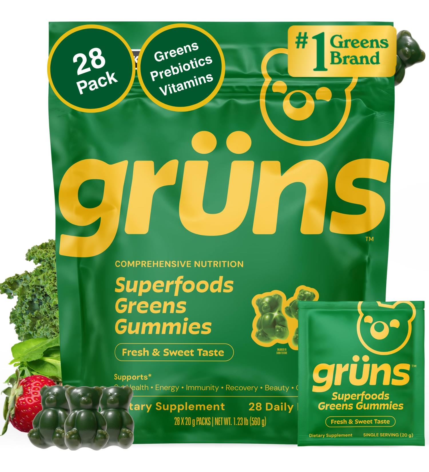 Gruns Adults Super Greens Multivitamin Gummies, Superfood Vitamin Gummy Bears with Spirulina, Chlorella, Prebiotic Fiber for Digestive Health, Adaptogens Supplement, 20 Vitamins & Minerals, 28 Count Low Sugar - Buy Online on GoSupps.com