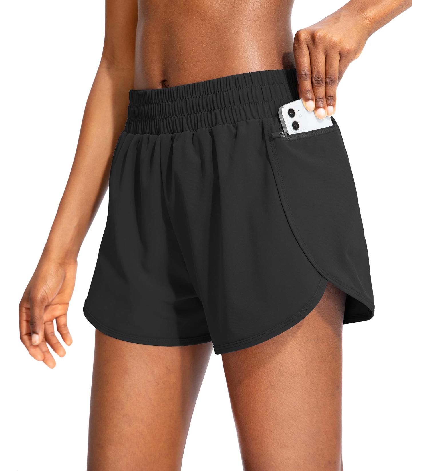 Soothfeel Women's High Waisted Running Shorts with Zipper Pockets - Black, Large - Buy Online on GoSupps.com