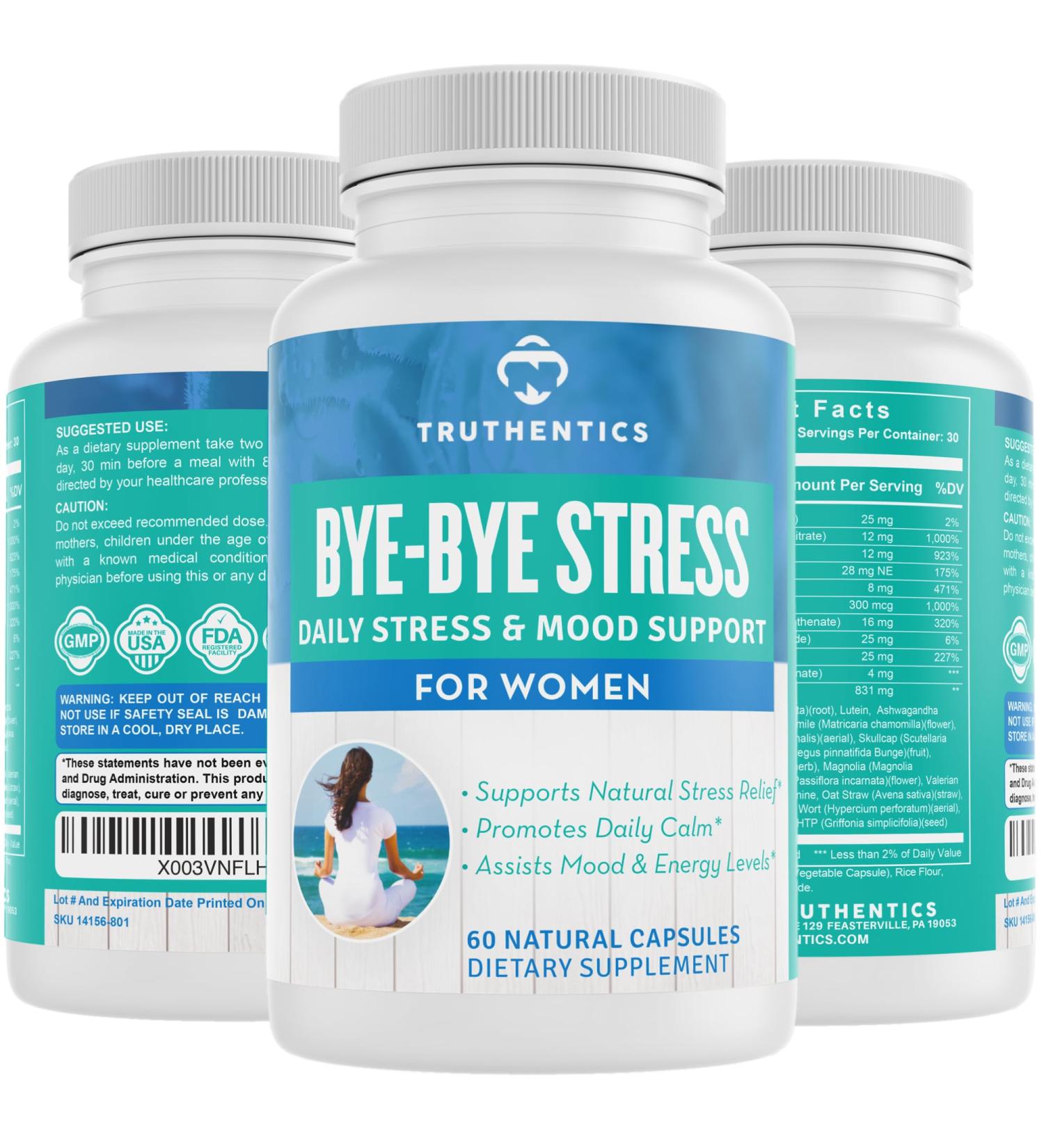 TRUTHENTICS Bye-Bye Stress - Stress & Mood Support Supplement for Women with Ashwagandha GABA Lemon Balm L-Theanin & Vitamin B Complex - Vegan - 60 Capsules - Buy Online on GoSupps.com