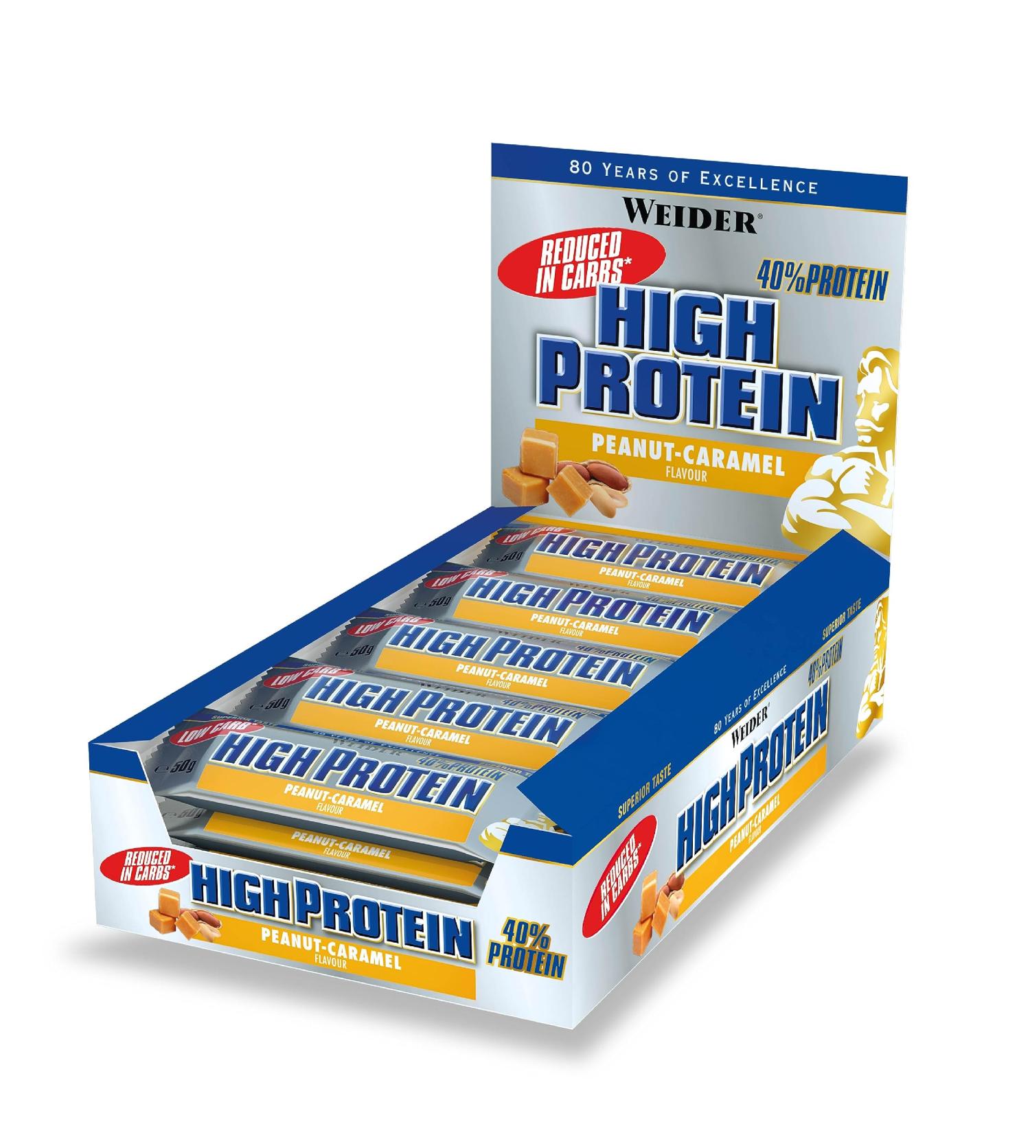 Weider 40% Protein Low Carb Bar (24 x 50g) Peanut-Caramel Flavour. Chocolate Coated Bar with High Protein-Reduced Carb Content. Muscle Building & Maintenance Support. Ideal Before or After Training PEANUT-CARAMEL 24x50g - Buy Online on GoSupps.com