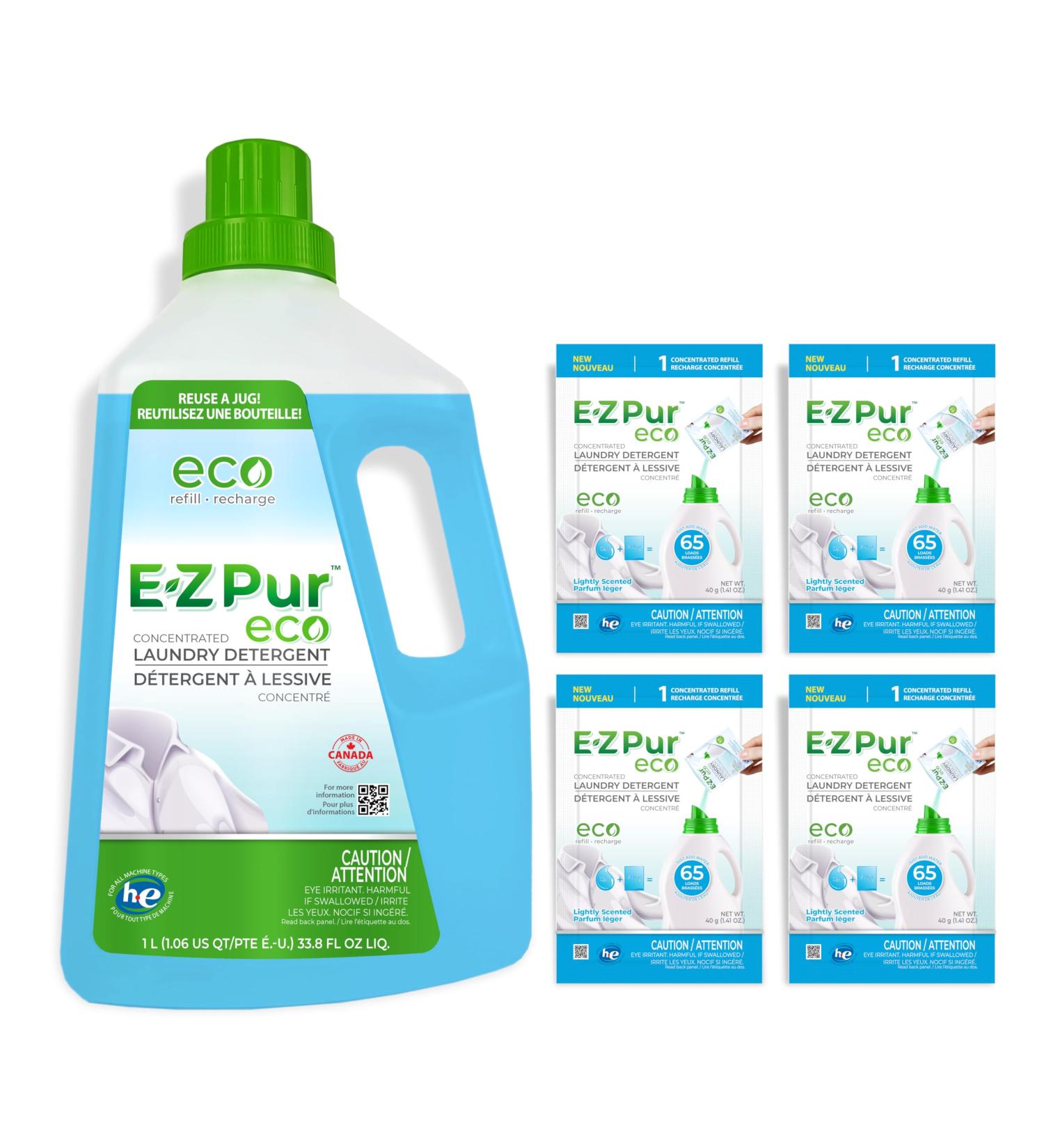 325 Loads Eco Friendly Concentrated Laundry Detergent Kit - Includes Pre-filled 1.8L Jug and 4 Refills Lightly Scented Add Water to Refills to Make Additional 7.2L Liquid - EZ Pur Eco. - Buy Online on GoSupps.com