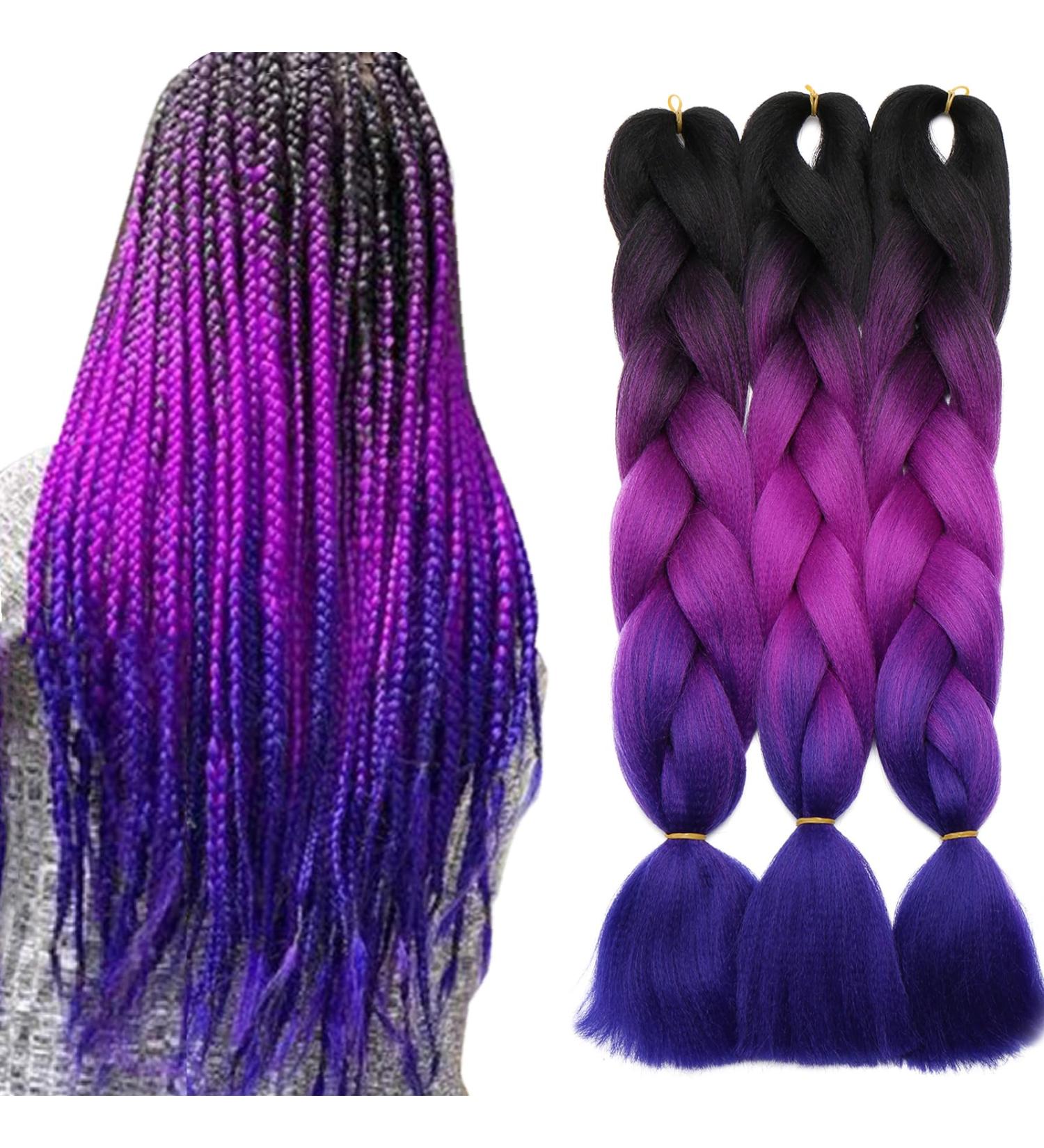 Tess Braids Extensions 60 cm - 3 Pack Jumbo Kanecalon Ombre Hair Braids for Box Braids - Black/Purple 100g per Bundle - Buy Online on GoSupps.com