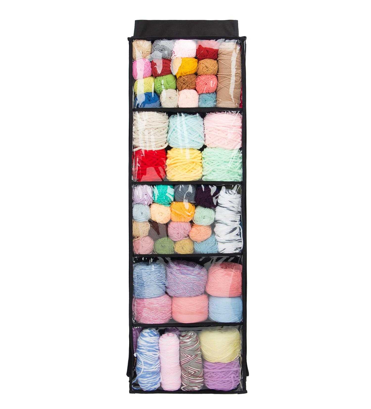 Hanging Yarn Storage Organizer with 5 Compartments - Large Clear Wall Display for Bulky Yarn, Needles, and Hooks (Black) - Buy Online on GoSupps.com