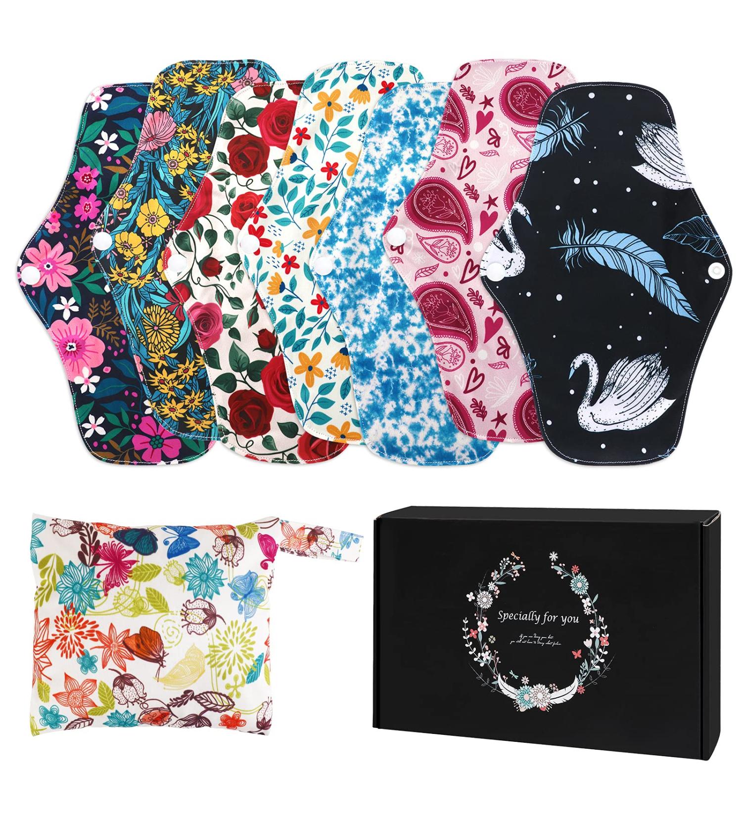 Reusable Bamboo Cloth Menstrual Pads Set for Heavy Flow with Wet Bag - Large Sanitary Pads with Wings for Women - Washable Overnight Period Liners (7 in 1 25.4cm 4 Layers) Colorful - Buy Online on GoSupps.com