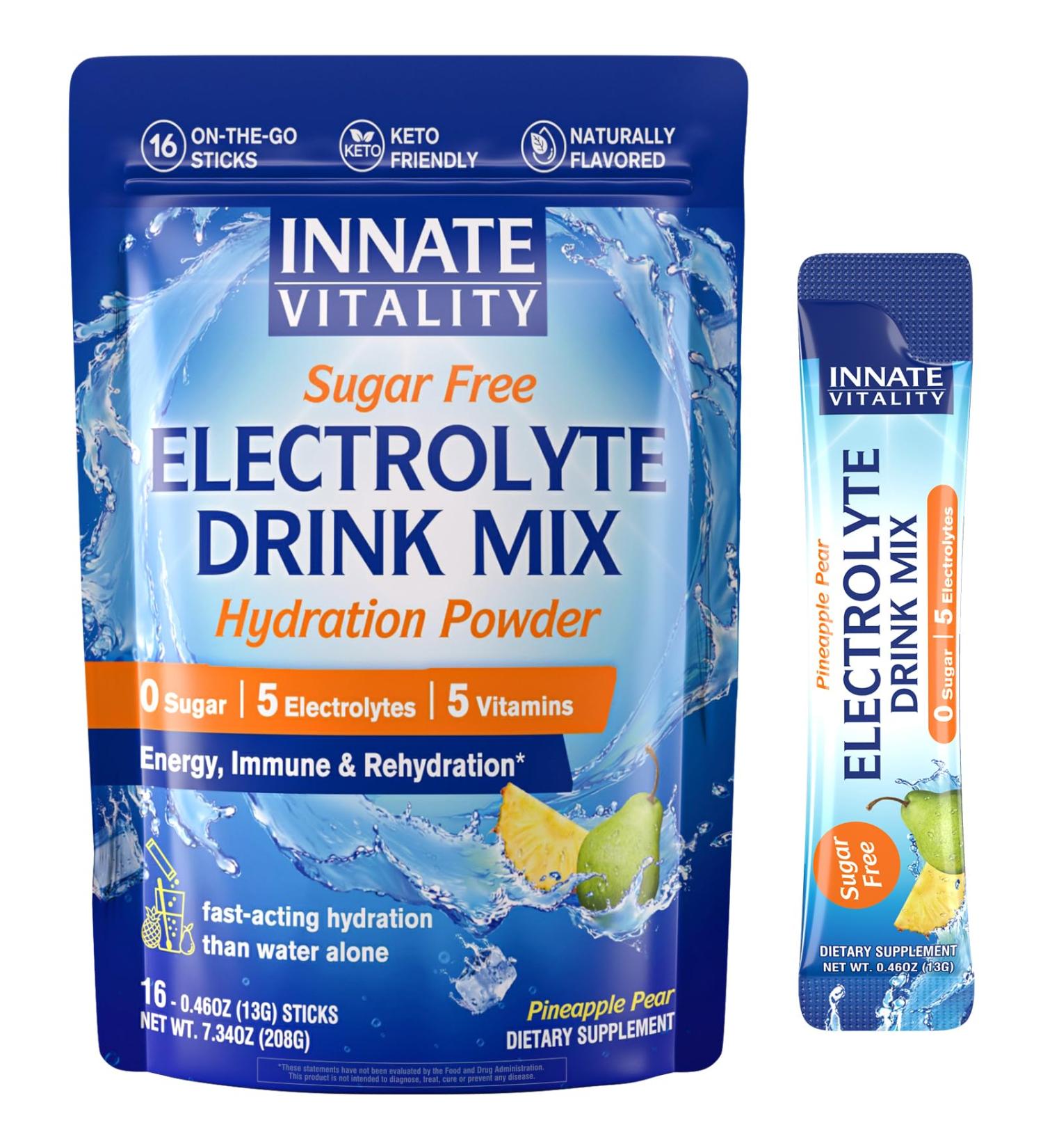 Innate Vitality Electrolytes Powder Packets, No Sugar, 5 Keto Electrolytes & Vitamins, Hydration Powder Packets, Easy to Dissolve, Natural Pineapple Pear Flavor, 16 Stickpacks - Buy Online on GoSupps.com