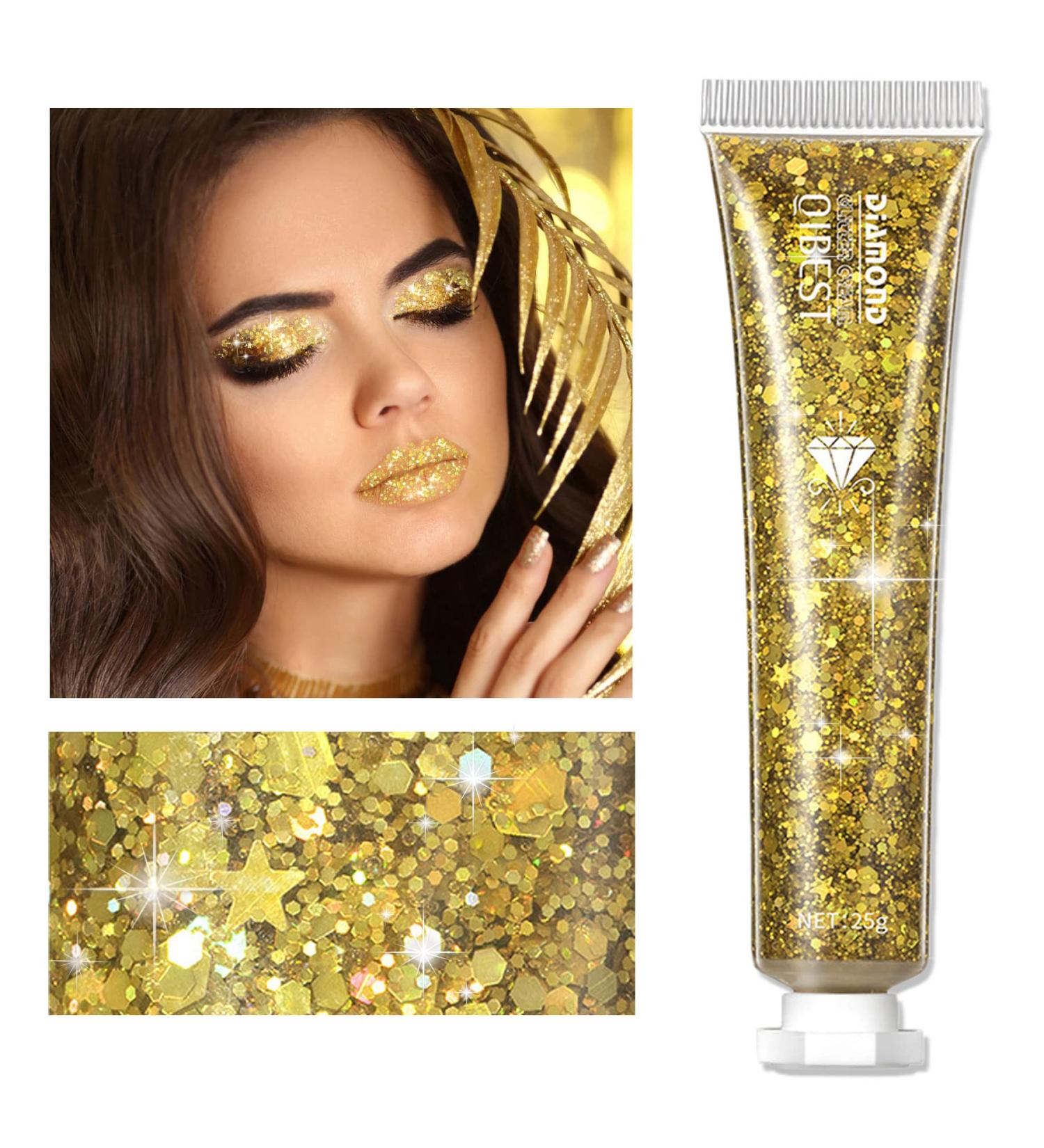 Chunky Glitter Gel for Face, Eyes, Lips & Nails - Christmas Party Makeup, Rave Accessories - Gold Laser Powder - Buy Online on GoSupps.com