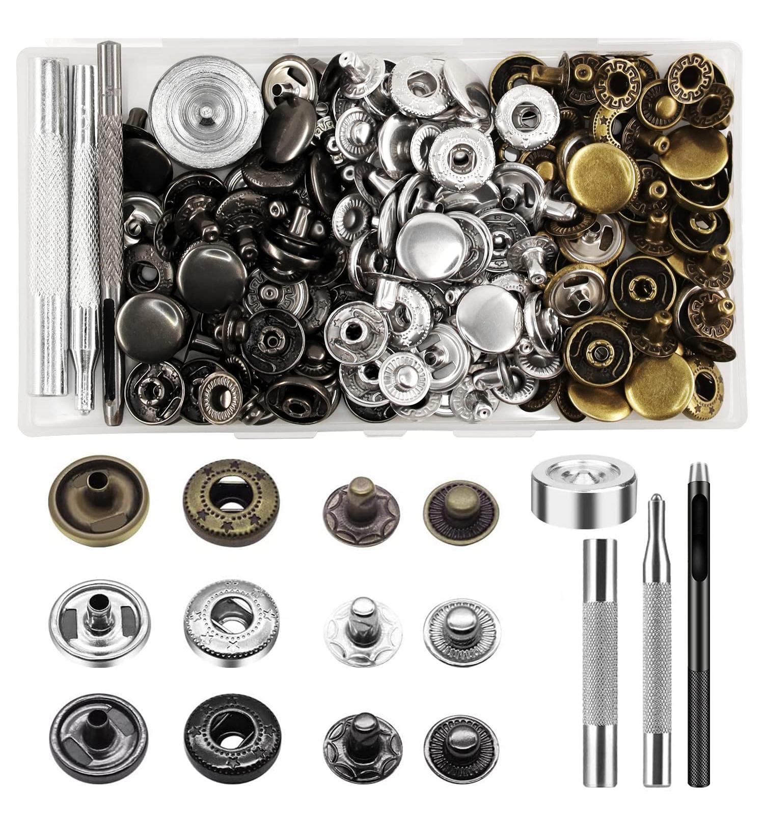 15mm Stainless Steel Snap Fasteners Kit for Leather Craft - 45 Set Snaps with Tools, 3 Colors - Ideal for Windbreaker, Shirts, Jackets, Backpacks, Wallets - Buy Online on GoSupps.com