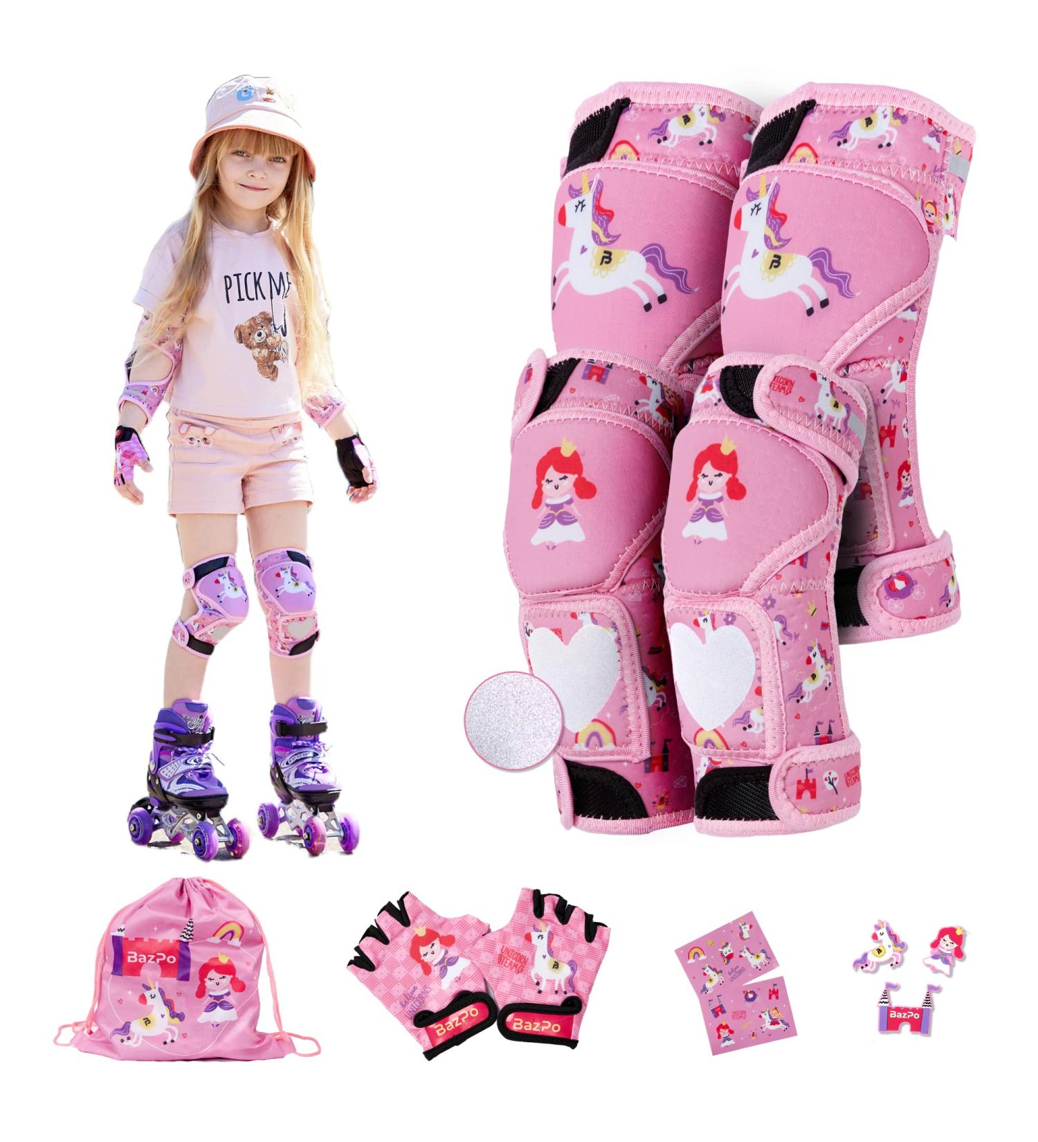 BAZPO Kids Glow in The Dark Knee and Elbow Pads Set - Princess Unicorn Guards (S-Size) | Reflective Skateboard Roller Skate and Bike Pads for Girls 3-5 Years - Buy Online on GoSupps.com