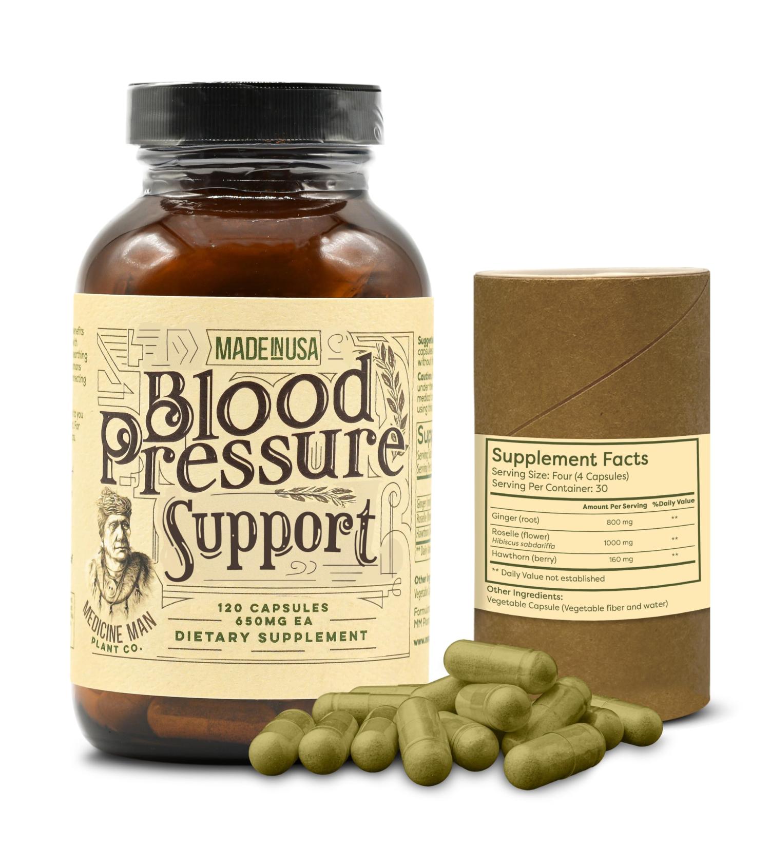 Medicine Man Plant Co. Blood Pressure Support 120 Capsules - Natural Herbal Pills with Hawthorn Rosella Hibiscus and Ginger - Organic and Herbal Supplement - Buy Online on GoSupps.com