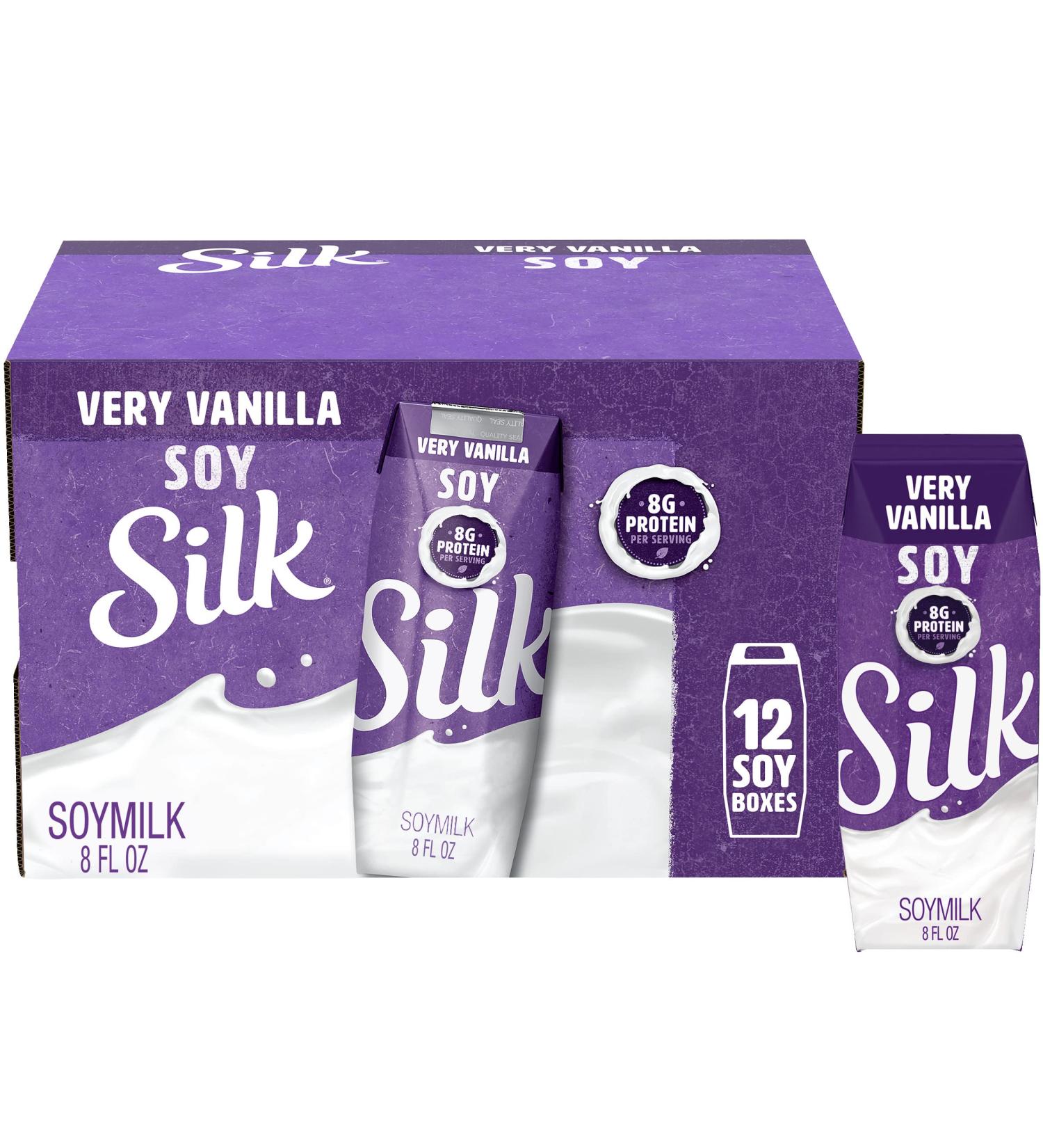 Silk Shelf-Stable Soy Milk Singles Very Vanilla 8 oz, Pack of 12 - Dairy-Free, Vegan, Non-GMO Project Verified - Buy Online on GoSupps.com