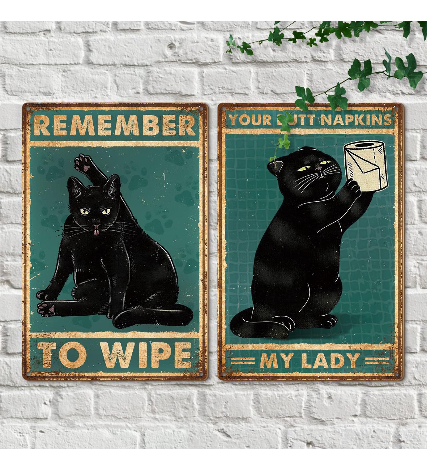 Vintage Funny Black Cat Signs - Retro Bathroom Decor for Cat Lovers | Set of 2 - 8x12 Inches - Buy Online on GoSupps.com