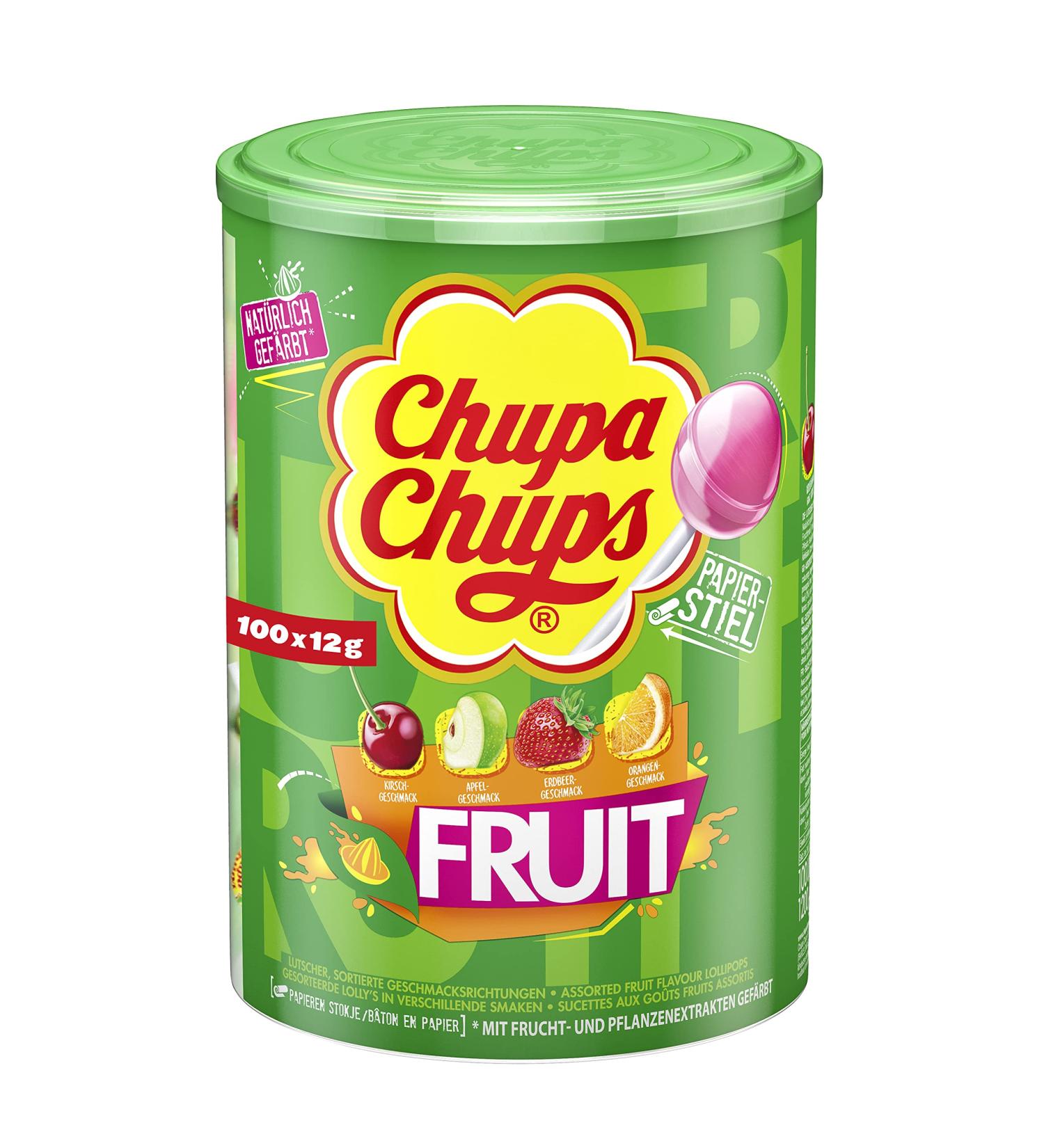 Chupa Chups Fruit Lucker Box - 100 Lollipops in Apple Strawberry Orange & Cherry Flavors - International Shipping Available - Buy Online on GoSupps.com