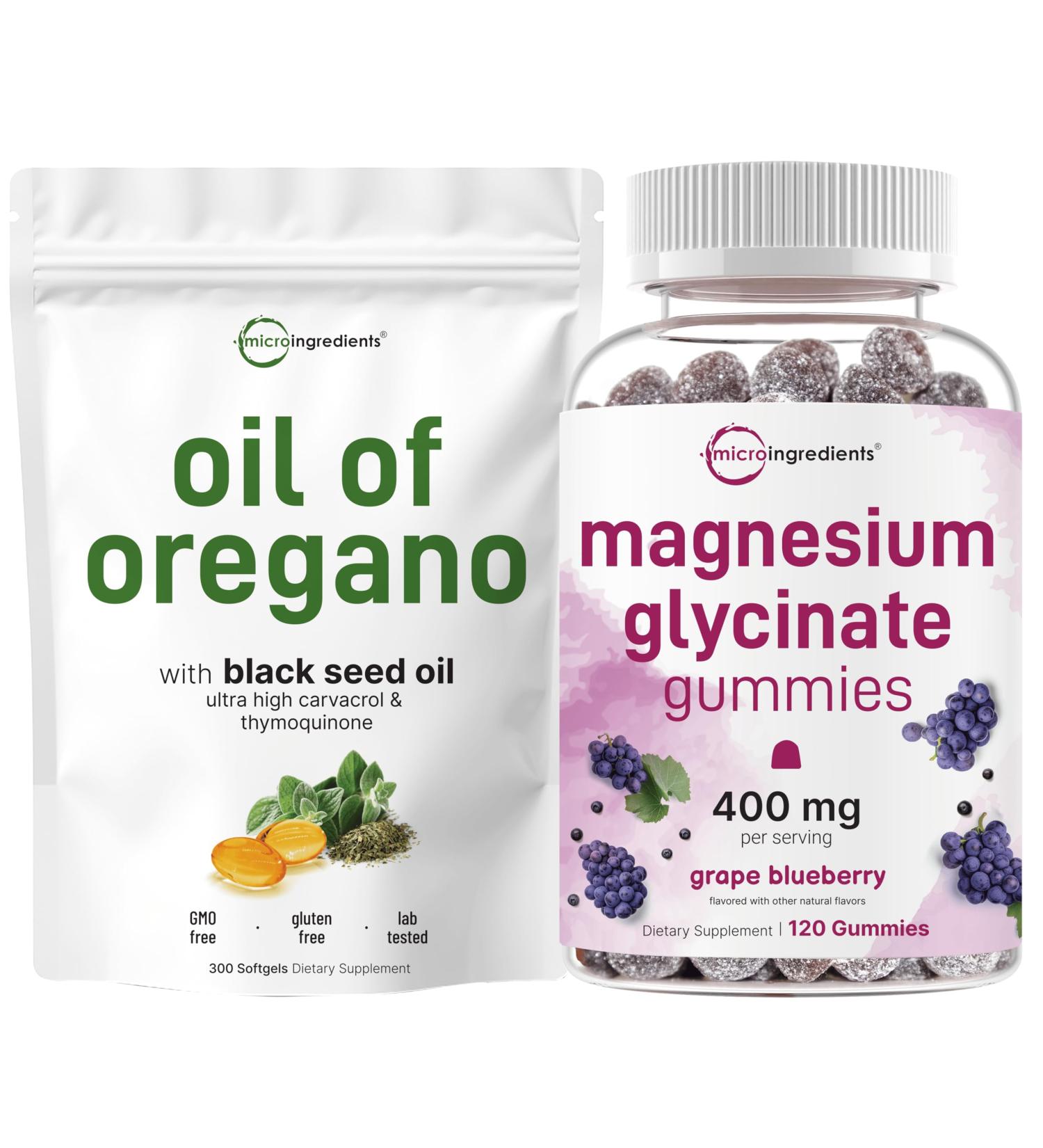 Micro Ingredients Magnesium Glycinate Gummies & Oil of Oregano Softgels | Bundle | Natural Grape Blueberry Flavor | Potent Elemental + Chelated Form | 4X Strength Carvacrol & Thymoquinone - Buy Online on GoSupps.com