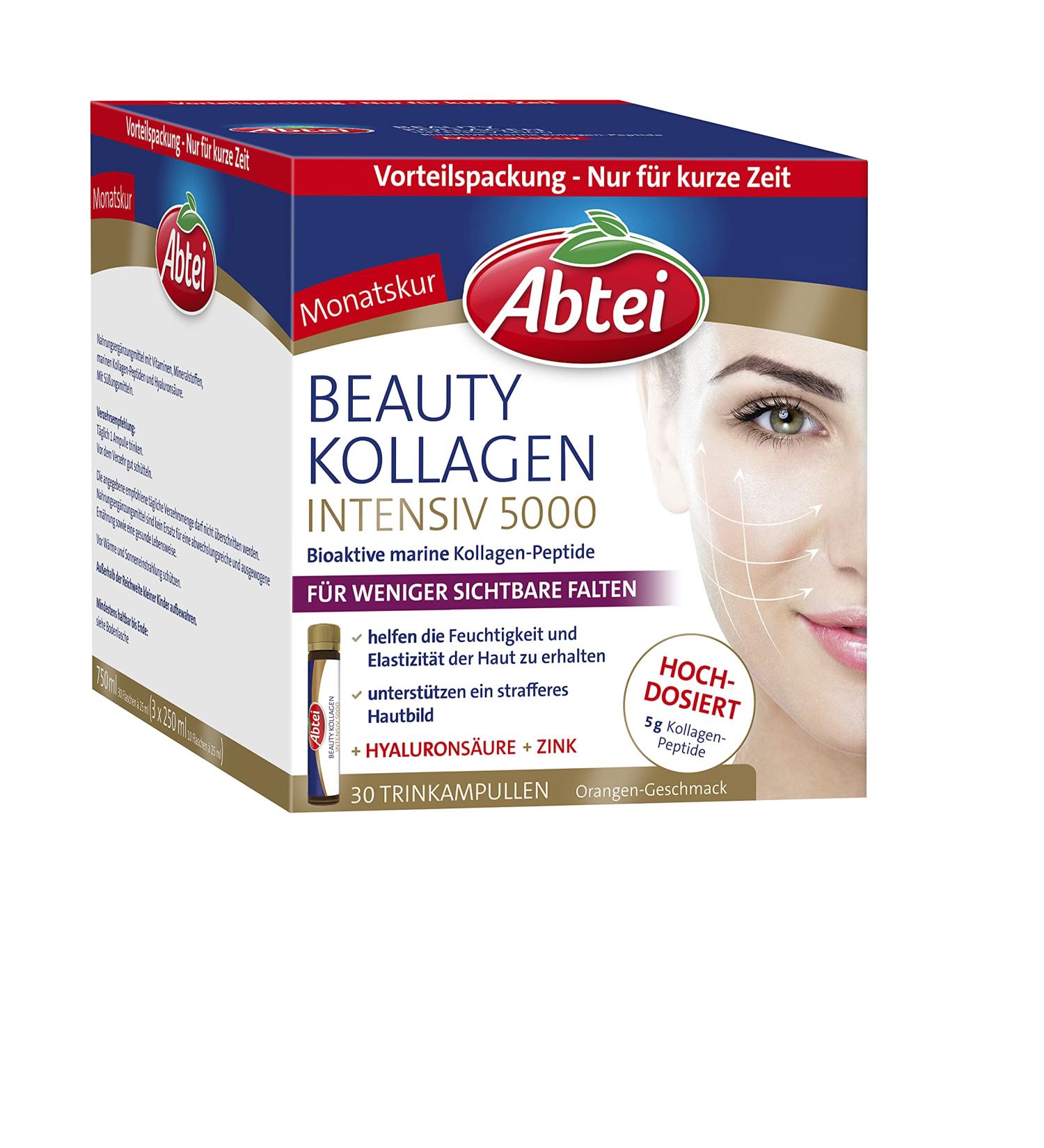 Abbey Beauty Collagen Intensive 5000 - Reduce Wrinkles with 5g Collagen Peptides Hyaluronic Acid & Vitamin C - Sugar-Free - 30 Drinking Ampoules (750ml) - Buy Online on GoSupps.com