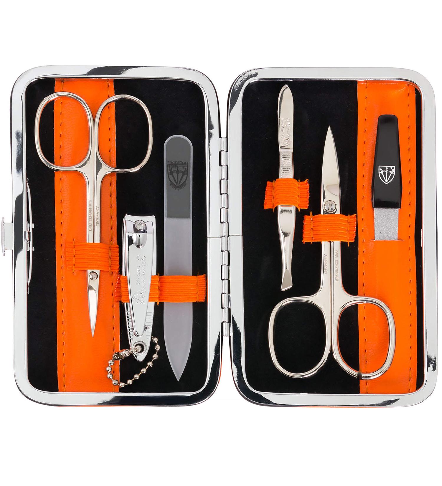 Three Swords Germany Manicure Set 'Genova' | 6-Pcs Nail Kit in Orange Artificial Leather Case | Includes Scissors Clippers Glass Nail Files & Tweezers - Buy Online on GoSupps.com