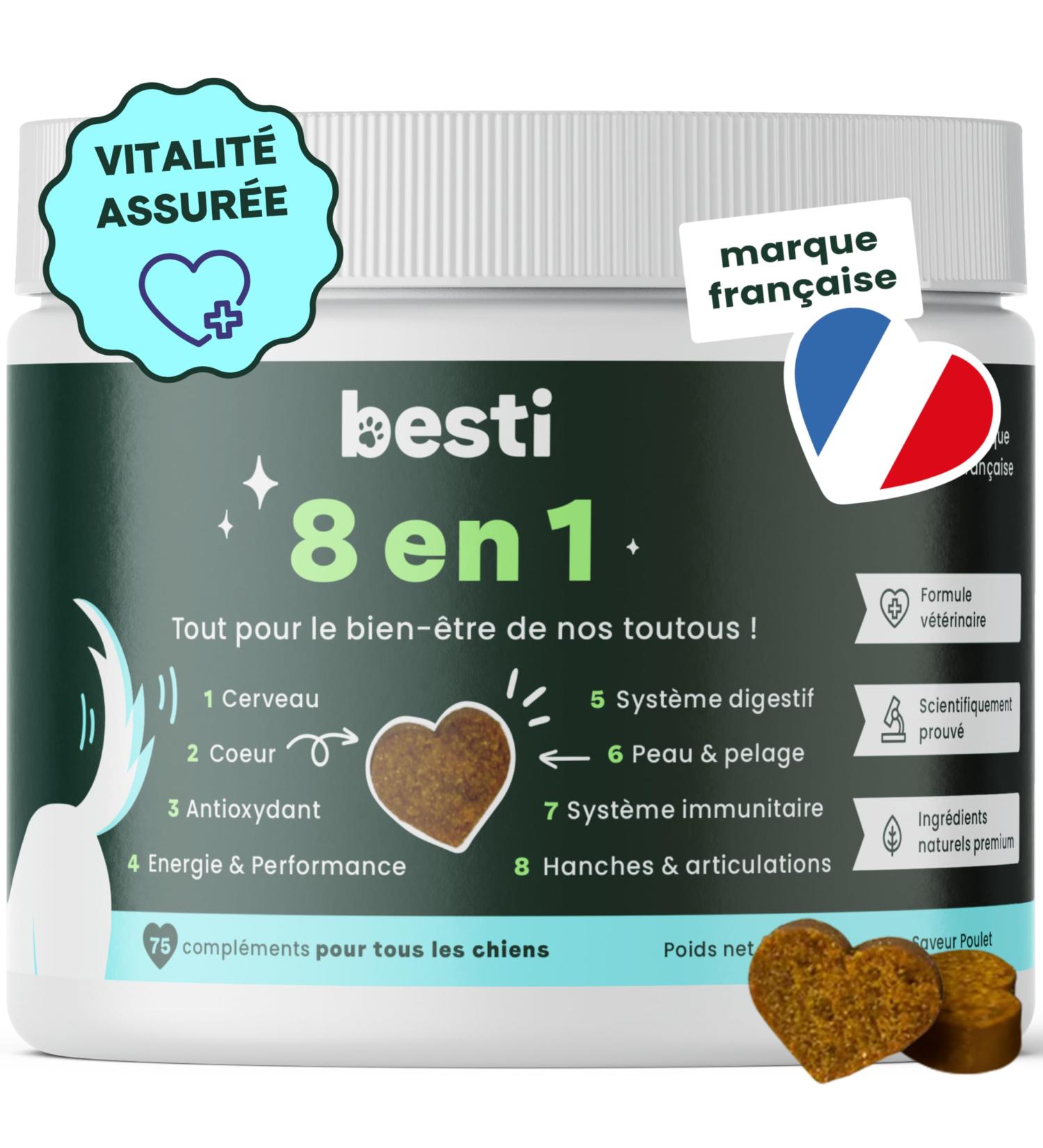 BESTI - 8 in 1 | 75 Premium Multi-VIT Food Supplements for Dogs | Vitality Probiotics Joints Coat Heart Brain | French Brand - Veterinary Formula | With Chicken | 300gr - Buy Online on GoSupps.com