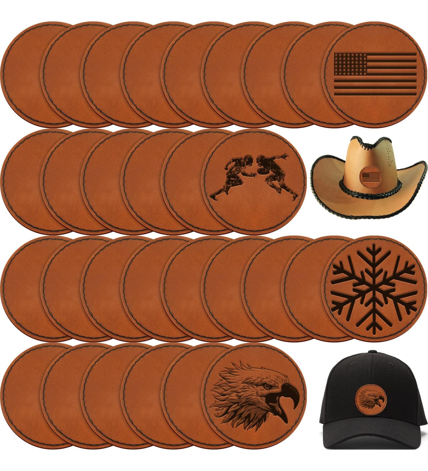 30 Pcs Blank Faux Leather Hat Patches - Adhesive, Laserable, Brown - Perfect for Hats, Jackets, Backpacks - Glowforge Laser Supplies - Buy Online on GoSupps.com