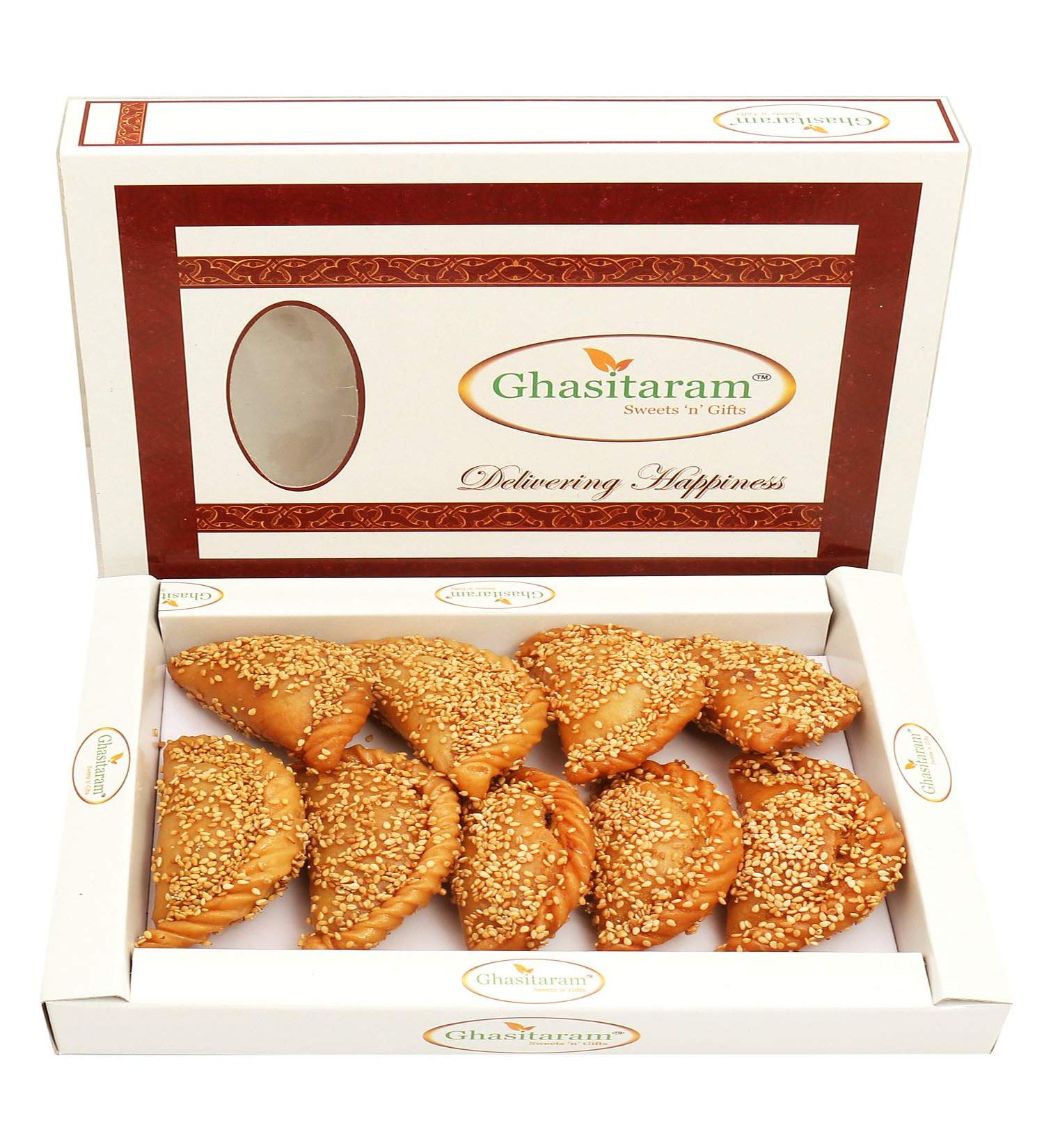 Ghasitaram Gifts Holi Sweets Holi Gifts Holi Hamper Roasted Til/Sesame Gujiya 400 GMS - Buy Online on GoSupps.com