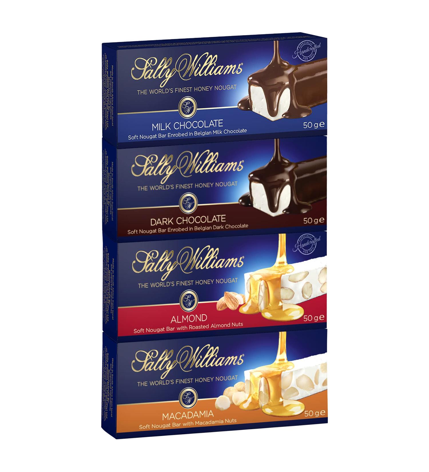Sally Williams World's Finest Honey Nougat Variety Pack - Dark Chocolate Milk Chocolate Mandel & Macadamia Nougat Bars (4 x 50g) | International Shipping - Buy Online on GoSupps.com