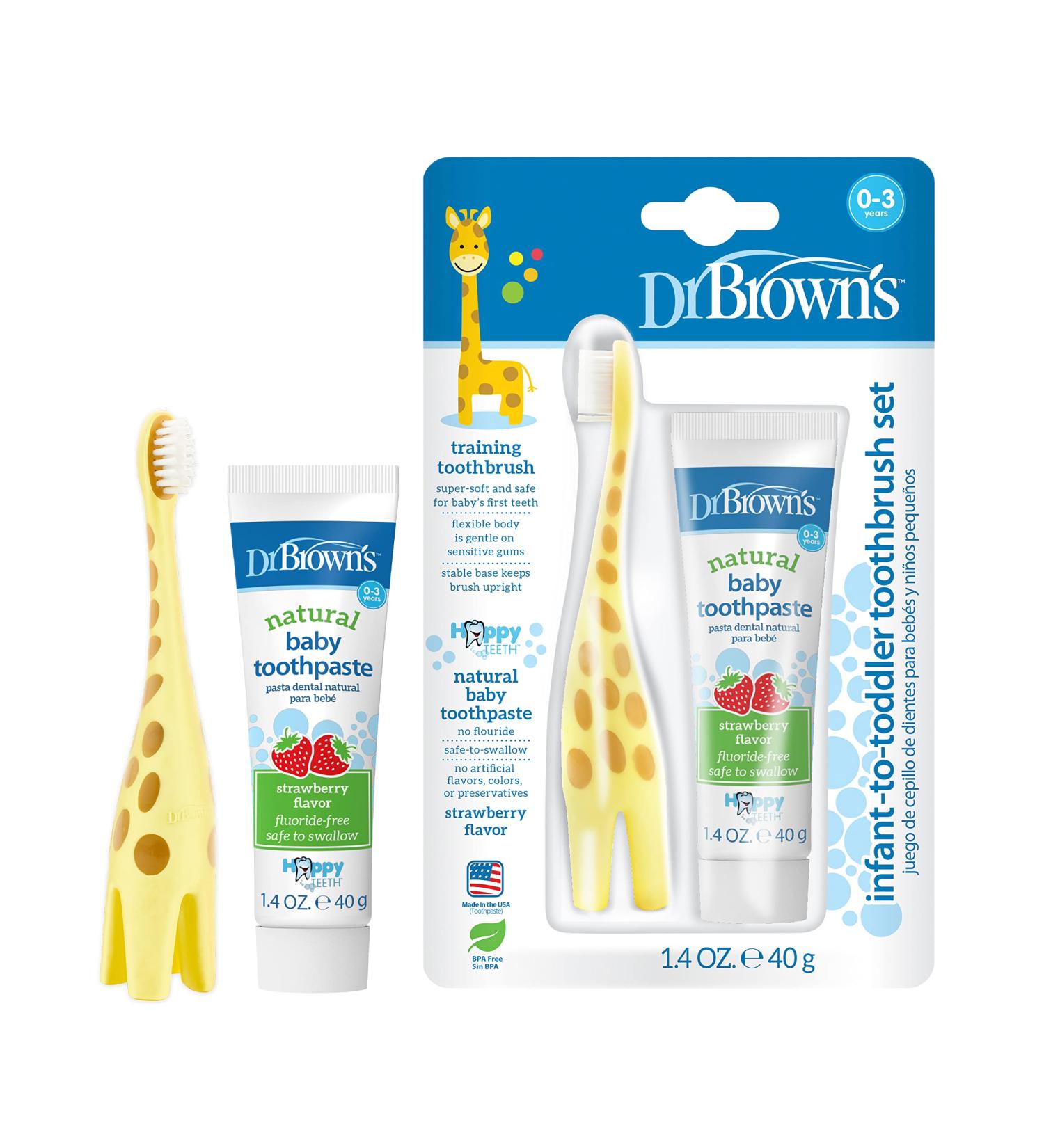 Dr. Brown's Infant-to-Toddler Training Toothbrush Set with Strawberry Toothpaste - BPA Free, Fluoride-Free, Soft Bristles for Baby's First Teeth - Giraffe Design - Ages 0-3 - Buy Online on GoSupps.com