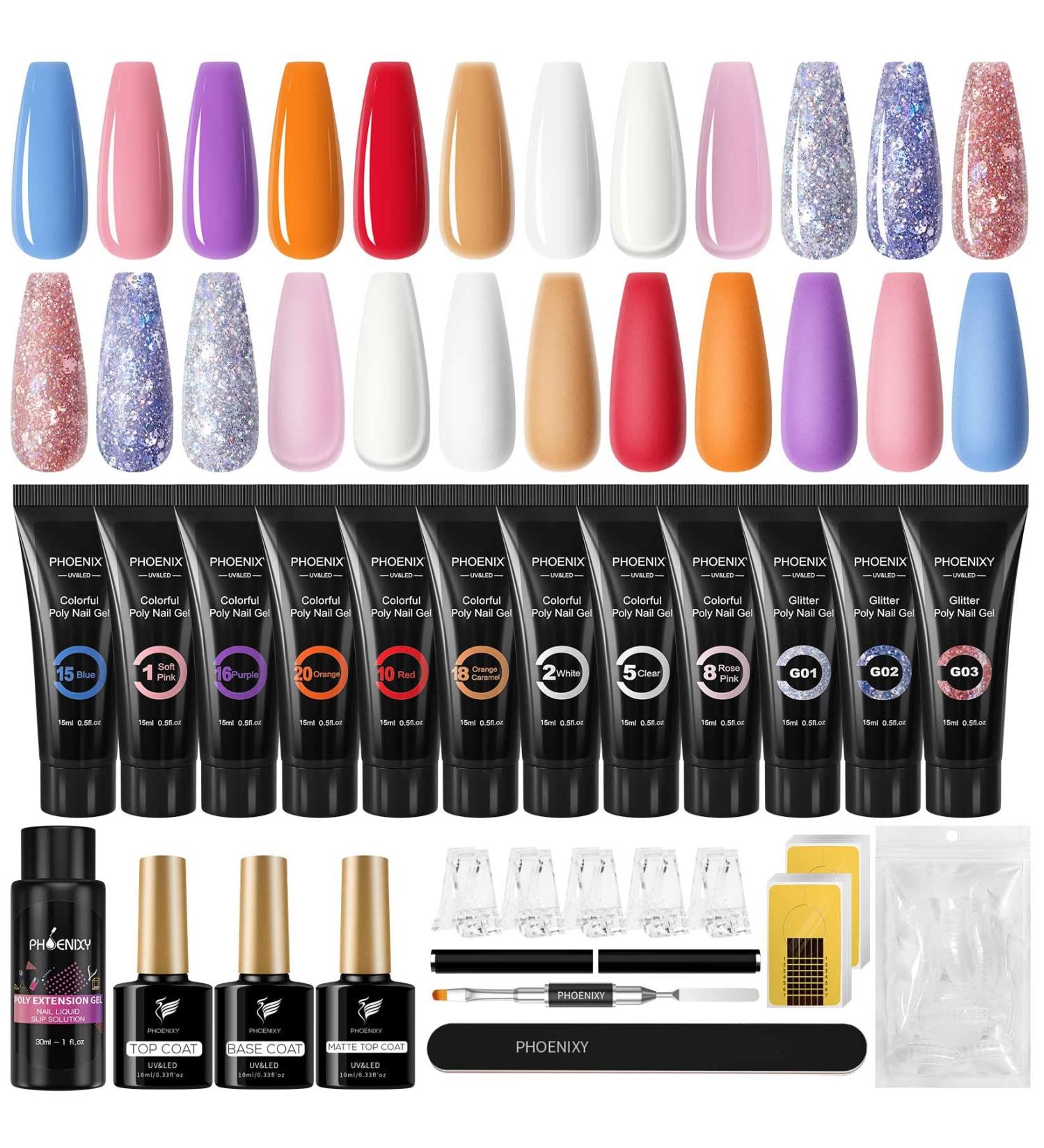 Polly Nail Gel Kit - Phoenixy 12 Colors Extension Gel Set | Nail Enhancement Builder Starter Kit with Glitter Gel | Nude, White, Clear, Pink, Purple, Blue, Orange | Passionate - Buy Online on GoSupps.com