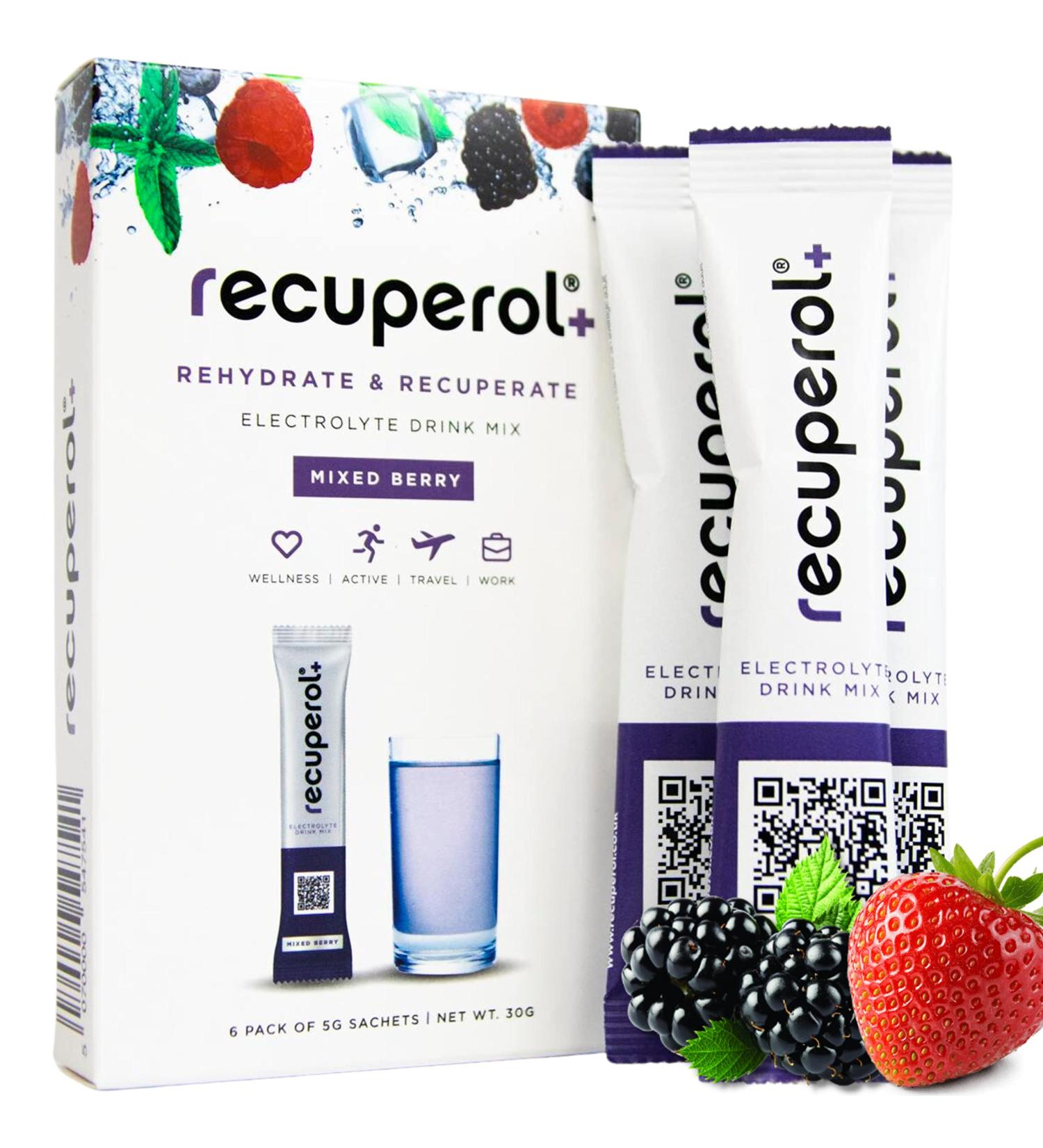 Recuperol Electrolyte Powder Supplement 6 Sachets - Rehydrate & Recover with Zinc, Vitamin C, B12, D3, Potassium - Mixed Berry Flavor - Buy Online on GoSupps.com