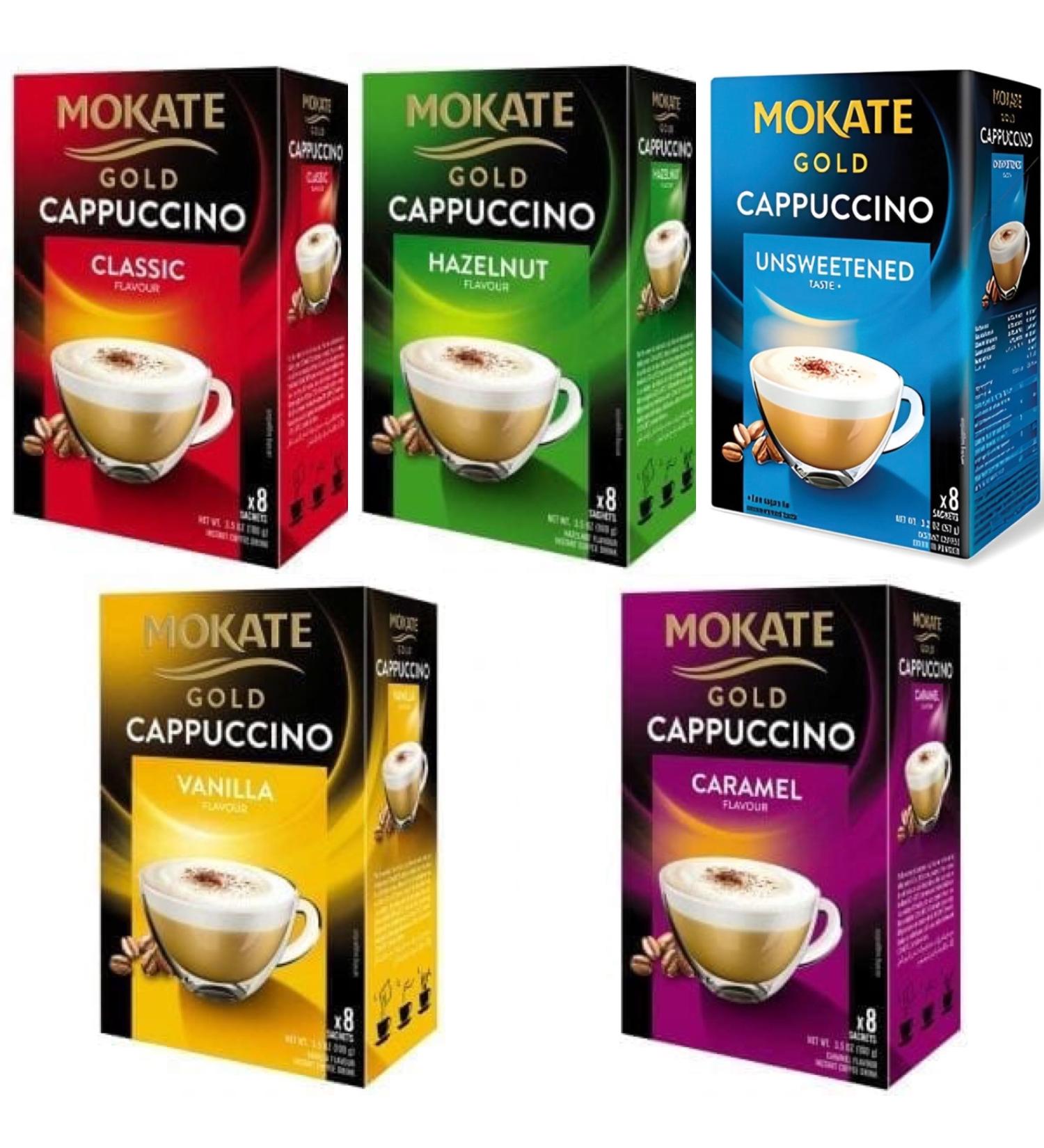 Mokate Gold Cappuccino Selection of 5 flavours Caramel Classic Hazelnut Vanilla Unsweetened 5x 8 Sachets - Buy Online on GoSupps.com