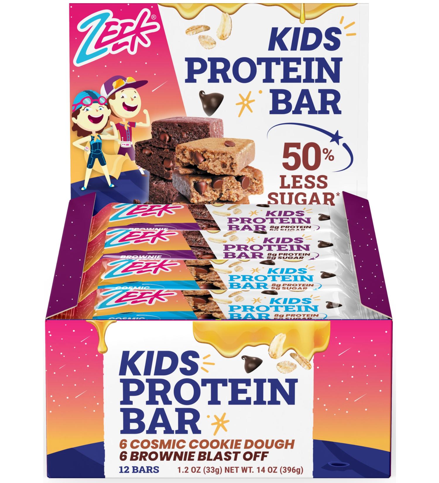 ZEEK BAR Kids Protein Bars - 50% Less Sugar 8g Protein - All Natural Non-GMO Gluten Free - 12 Count Variety (Brownie Blast Off & Cosmic Cookie Dough - Buy Online on GoSupps.com