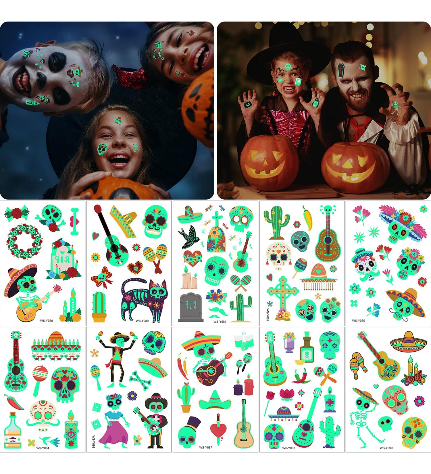 EBANKU Halloween Temporary Glow in The Dark Tattoos for Kids - 10 Sheets of Luminous Cartoon Ghosts, Monsters, Skeletons, and Witches - Perfect for Halloween Parties - Buy Online on GoSupps.com