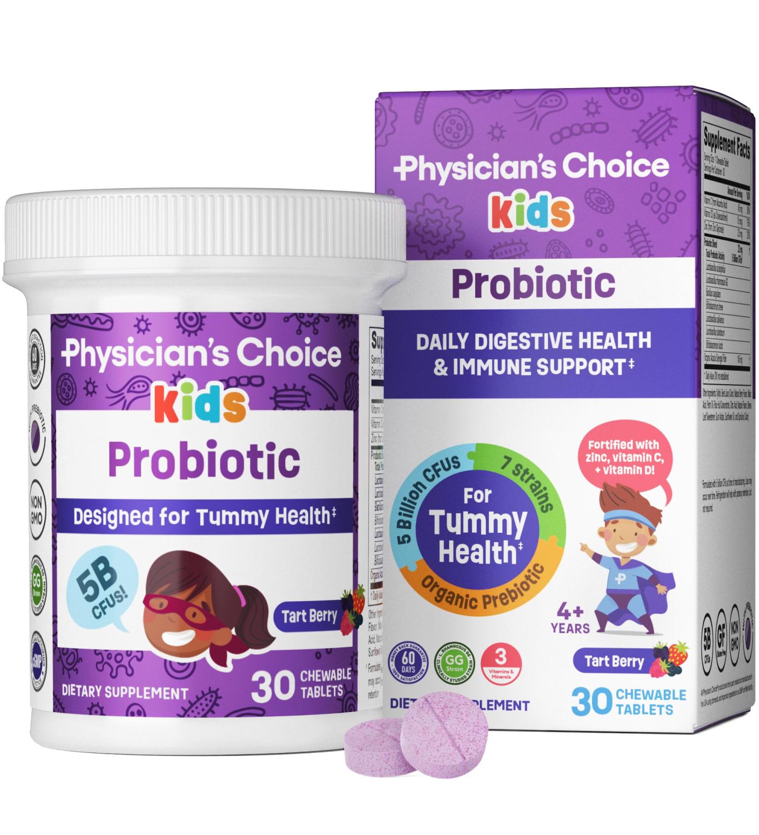 Physician's CHOICE Probiotics for Kids - 7 Strains Organic Prebiotics & Vitamins - Immune & Digestive Support - Sugar-Free Tart Berry 30 Count - Buy Online on GoSupps.com
