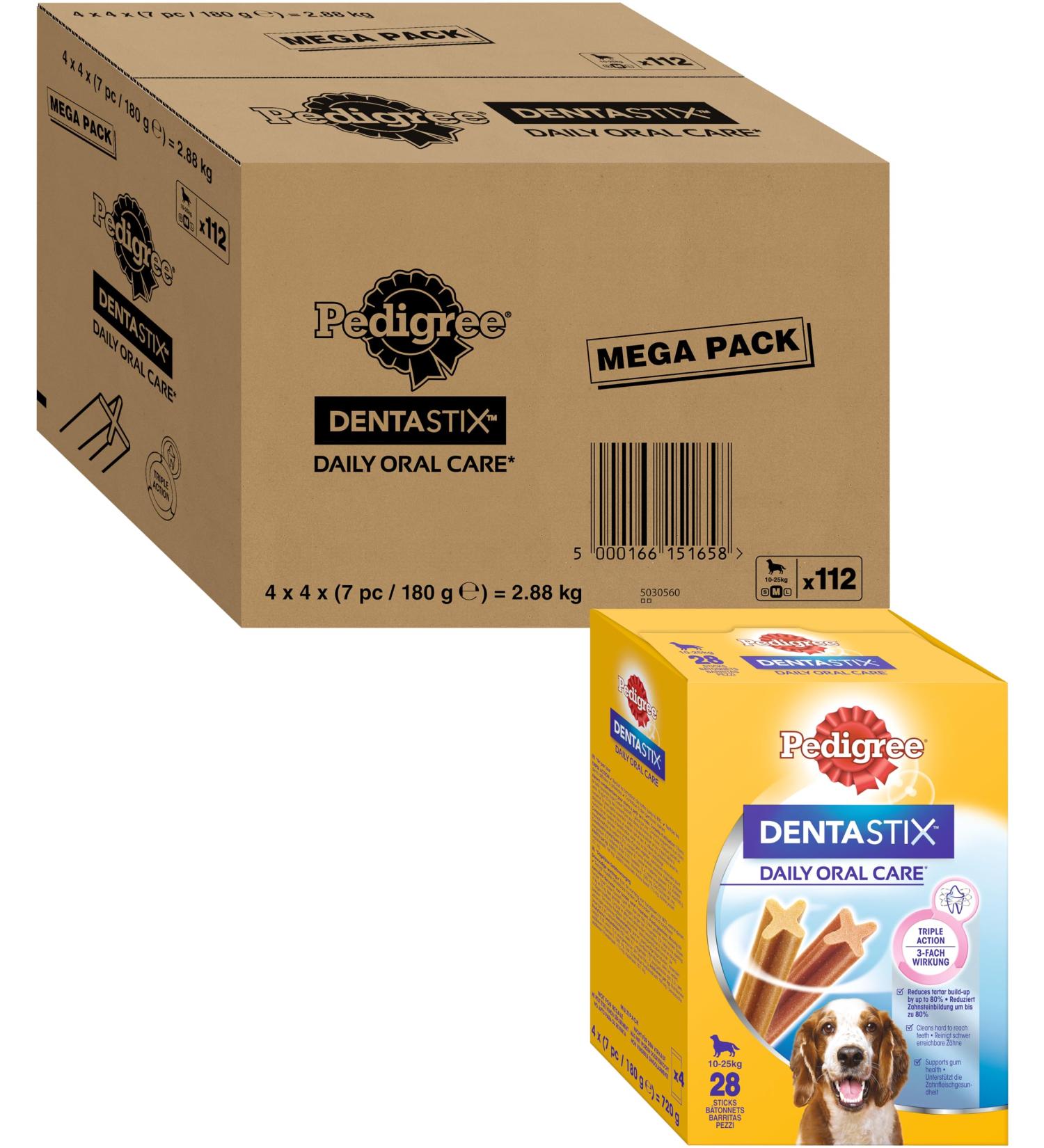 PEDIGREE DENTASTIX for Medium Dogs 10-25kg - 112 Chew Sticks (Pack of 4 Boxes of 28 Treats) - Oral Hygiene Scientifically Proven Daily Teeth Cleaning - Buy Online on GoSupps.com