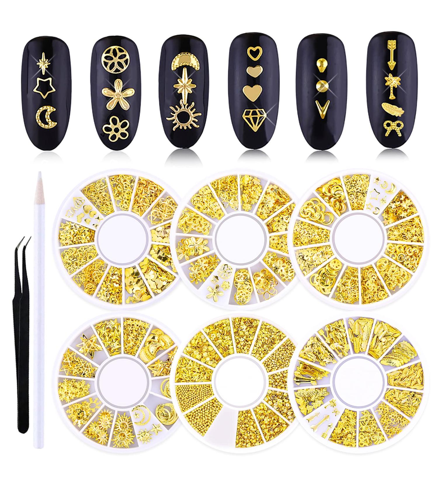 JERCLITY 6 Boxes Metal Gold Nail Charms Nail Studs 3D Art Jewelry Decoration with Tweezers and Wax Pencil - Acrylic Nails Rivets - Buy Online on GoSupps.com