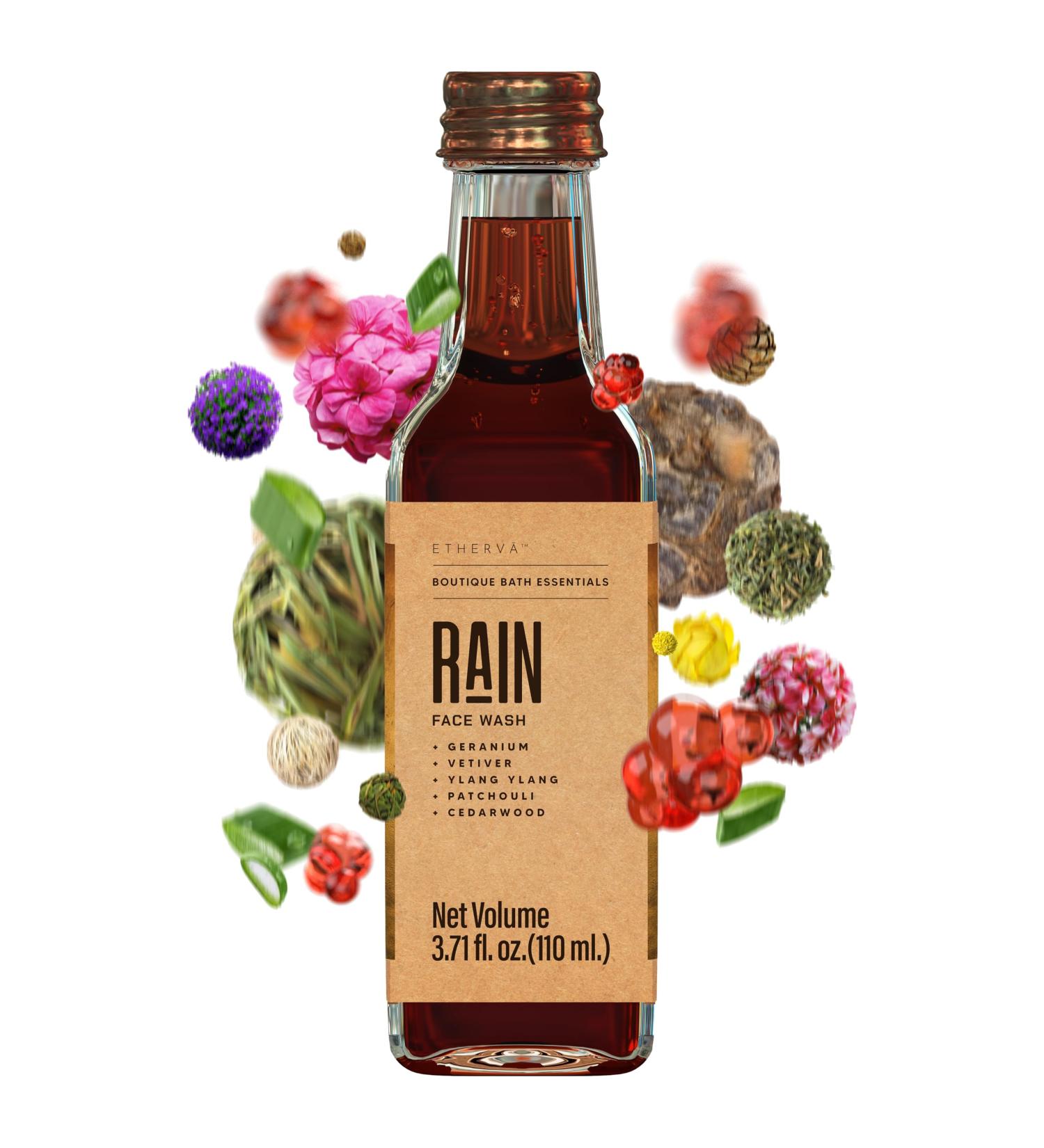 RAIN Face Wash for Men & Women | Floral Woody Scent | Nourishing Aloe Vera & Essential Oils | Vegan Sulfate & Paraben Free | 3.71 Fl Oz Glass Bottle - Buy Online on GoSupps.com