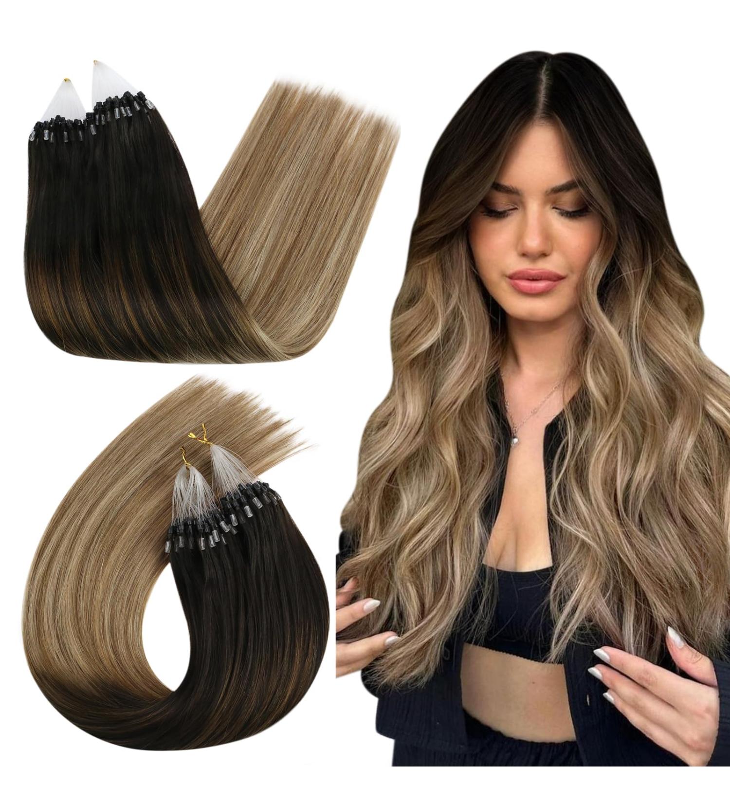 Ugeat Remy Real Hair Extensions - Ombre Brown Invisible Micro Loop Extensions | 35cm 50g 50 Strands Balayage #2/6/12 - Buy Online on GoSupps.com