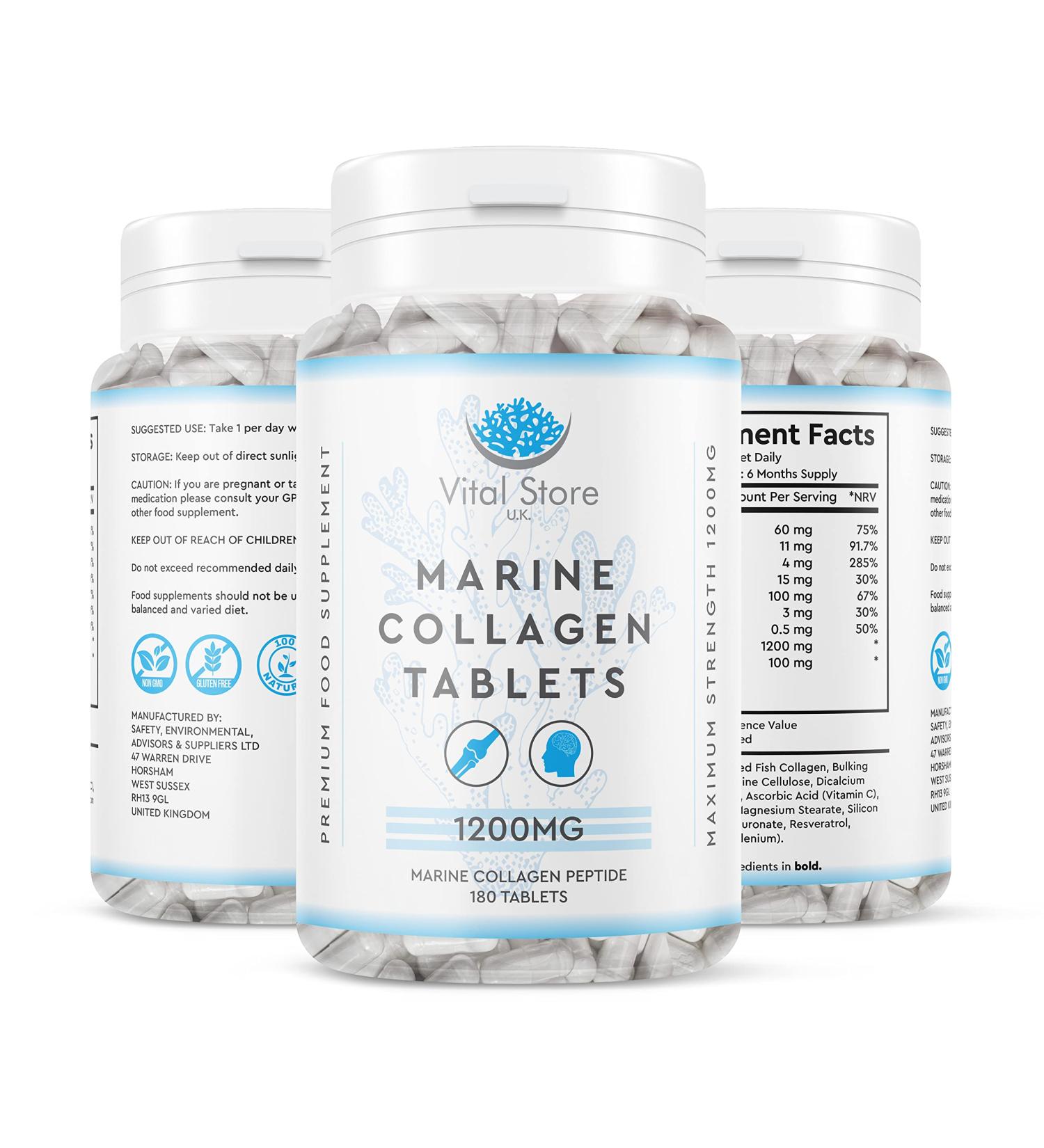 Marine Collagen Peptide Tablets 1200MG - 6 Month Supply - 180 High Strength Hydrolyzed Tablets for Skin, Hair, Muscle & Joints - Buy Online on GoSupps.com