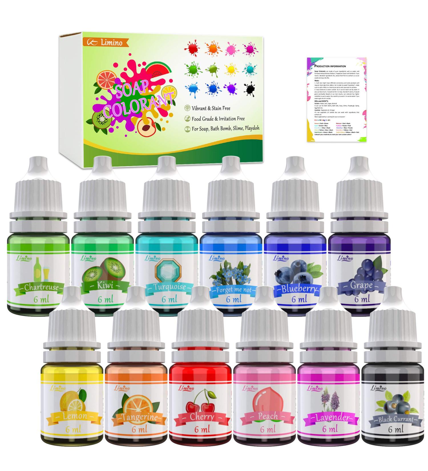 12 Color Bath Bomb Soap Dye - Skin Safe Food Grade Coloring for Soap Making - Natural Liquid Colorant for DIY Supplies Kit - Crafts & Slime - Instructions Included - Buy Online on GoSupps.com