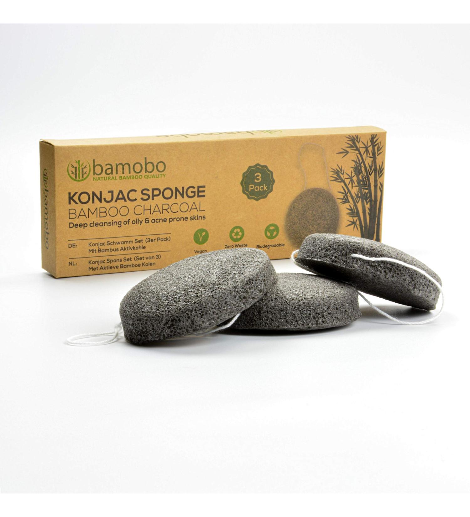 Konjac Sponge 3-Pack - 100% Natural Facial Peeling & Cleansing Sponges - Activated Carbon for Stained Skin - Buy Online on GoSupps.com