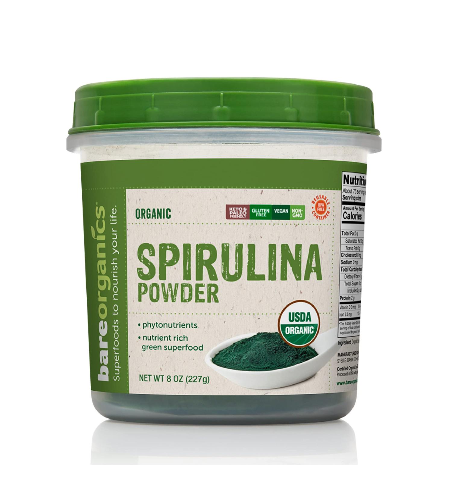 BareOrganics 13132 USDA Organic Raw Spirulina Powder - 8oz Gluten-Free & Non-GMO Whole Food Supplement - Buy Online on GoSupps.com