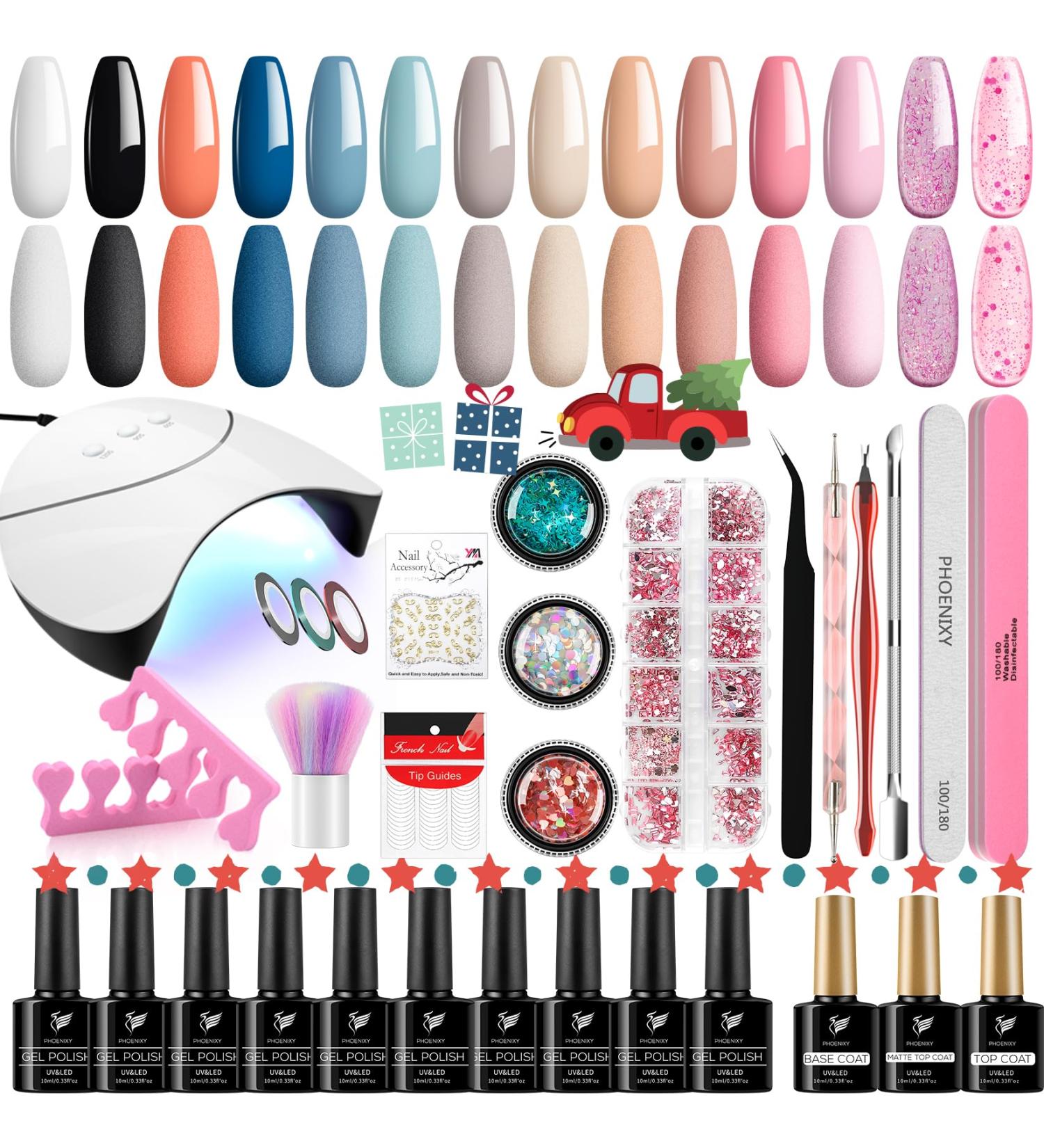 Gel Nail Polish Set with 36W UV/LED Lamp - 17pcs Azure Fantasy Starter Kit for Women | Blue Pink Soak Off Gel Polish Glossy Matte Finish Manicure Tools - Buy Online on GoSupps.com