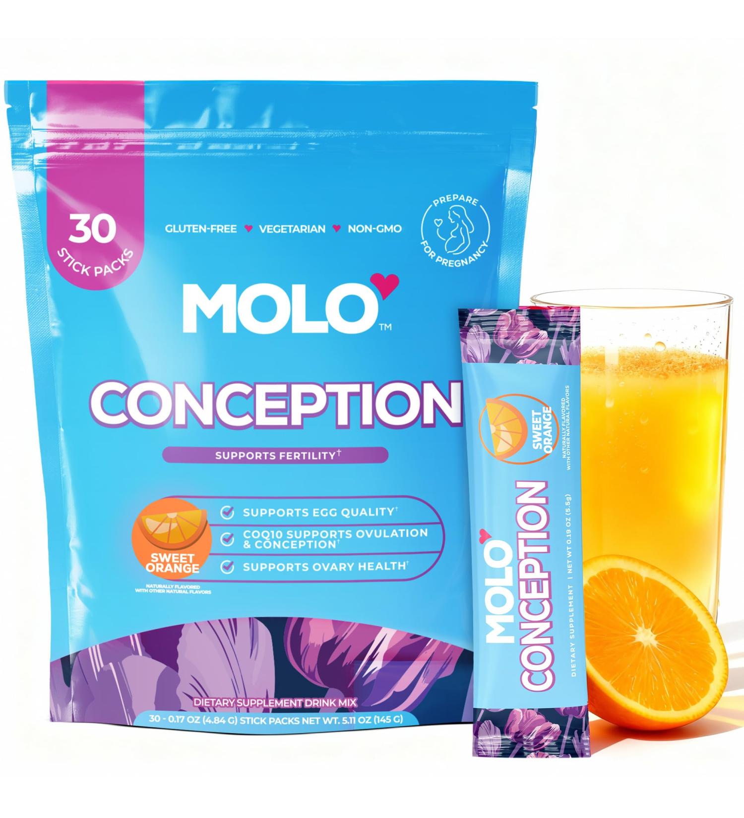 MOLO Conception Fertility Supplement for Women - CoQ10 Iodine Selenium Taurine Supporting Ovarian Health Ovulation 30 Stick Packs with Sweet Orange Flavor Vegetarian Gluten-Free & Non-GMO - Buy Online on GoSupps.com