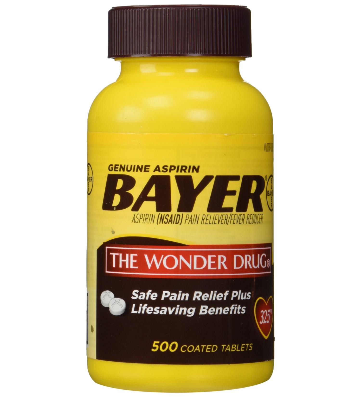 Genuine Bayer Aspirin (NSAID) Pain Reliever and Fever Reducer 325mg Per Tablet 500 Tablets per Bottle