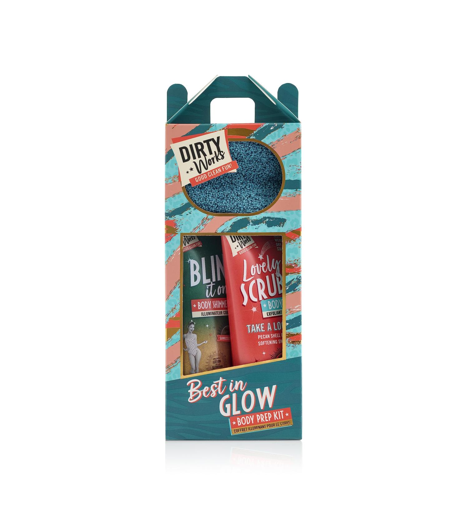 Dirty Works Best In Glow Christmas Gift Set Body Scrub Body Polishing Mitt Body Shimmer Gel.