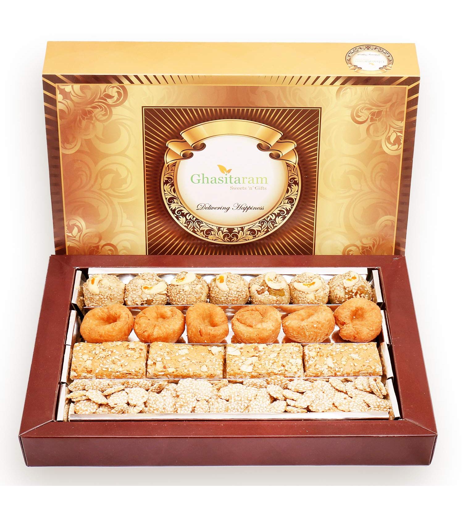 Ghasitaram Gifts Lohri Gifts Lohri Sweets - Assorted Box of Revadi Gud Gachak Khajoor and Til Laddoo (Bhuga) - Buy Online on GoSupps.com