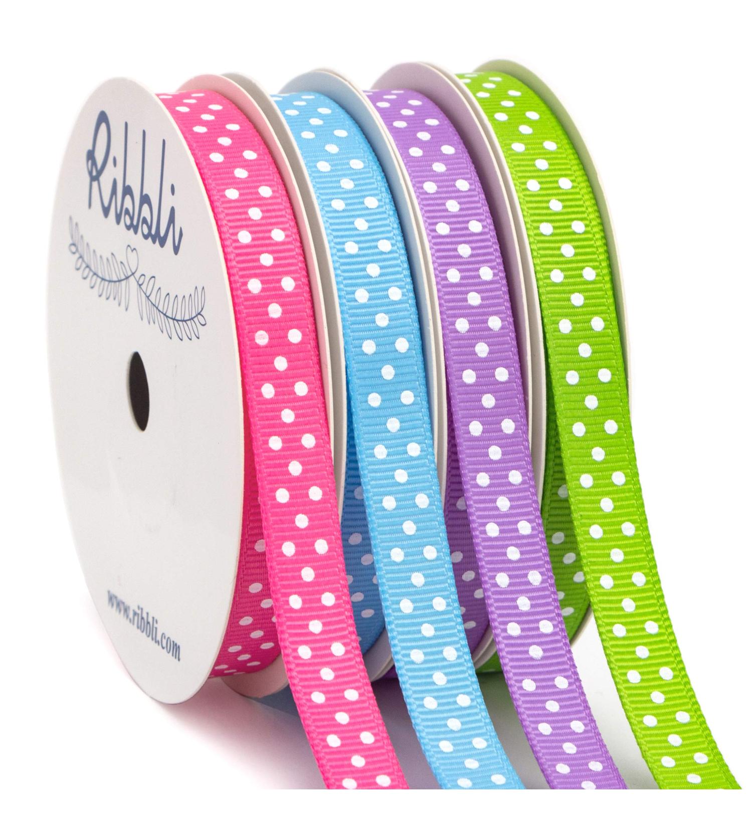 Ribbli 4 Rolls 3/8-Inch Easter Grosgrain Polka Dot Ribbon Total 40 Yards (Hot Pink/Blue Mist/Hyacinth/Apple Green) Easter Ribbon Spring Ribbon Use for Gift Wrapping Ribbon Crafts 02 Set-4Rolls 3/8- 10Yd per roll
